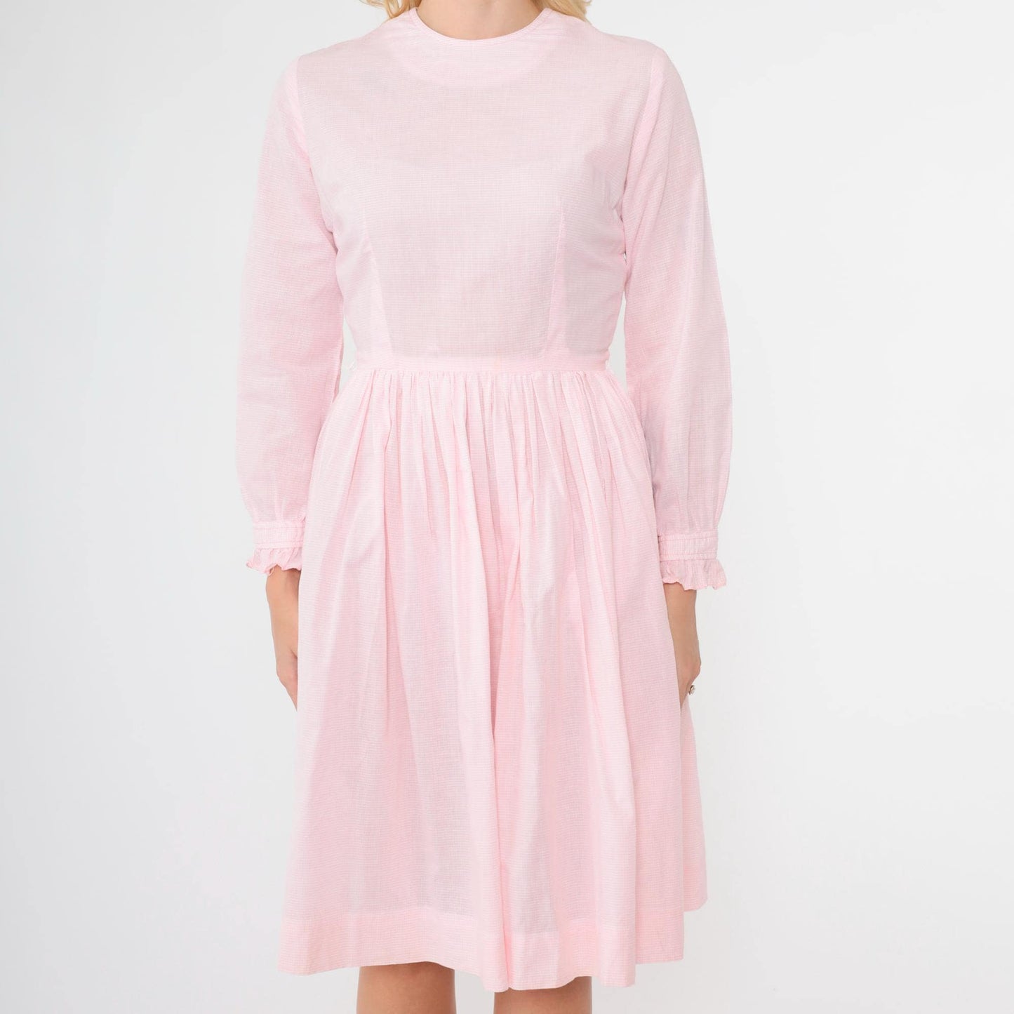 1960s Pink Checkered Dress High Waist Ruffled Long Sleeve Knee Length Extra Small