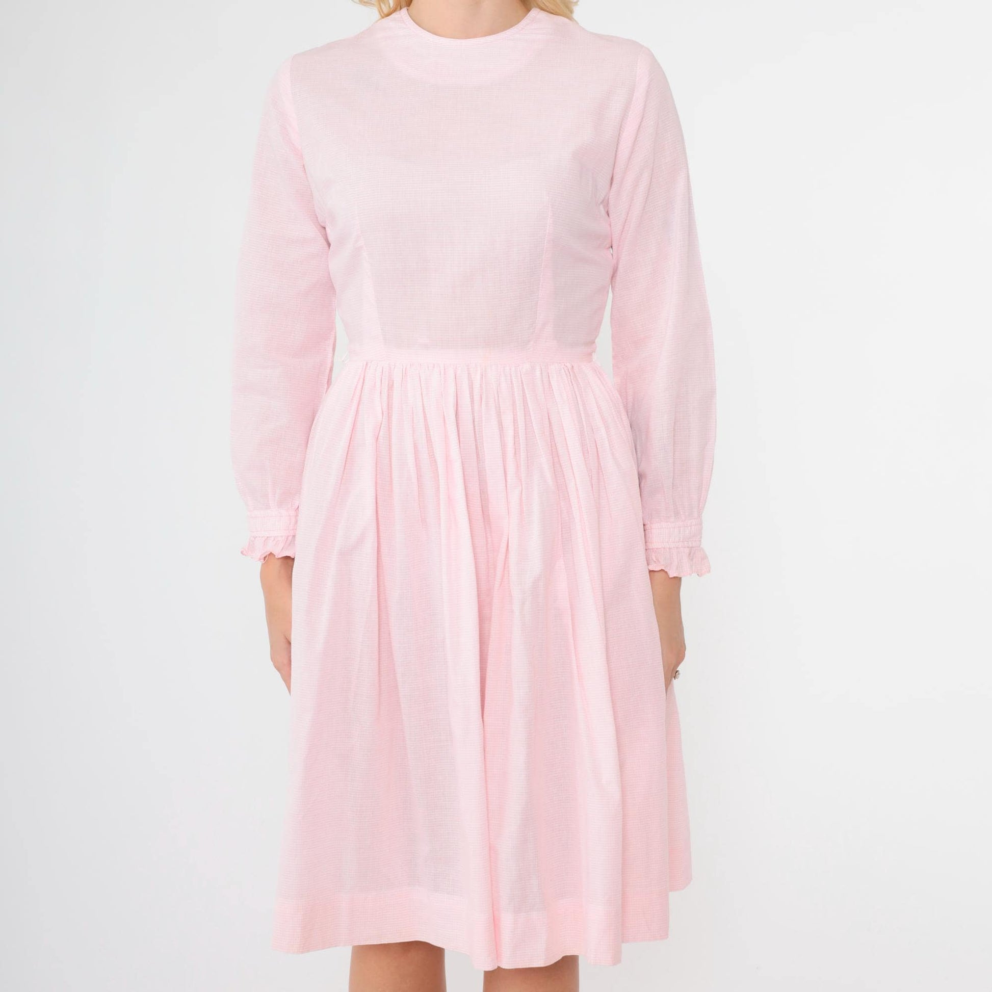 1960s Pink Checkered Dress High Waist Ruffled Long Sleeve Knee Length Extra Small