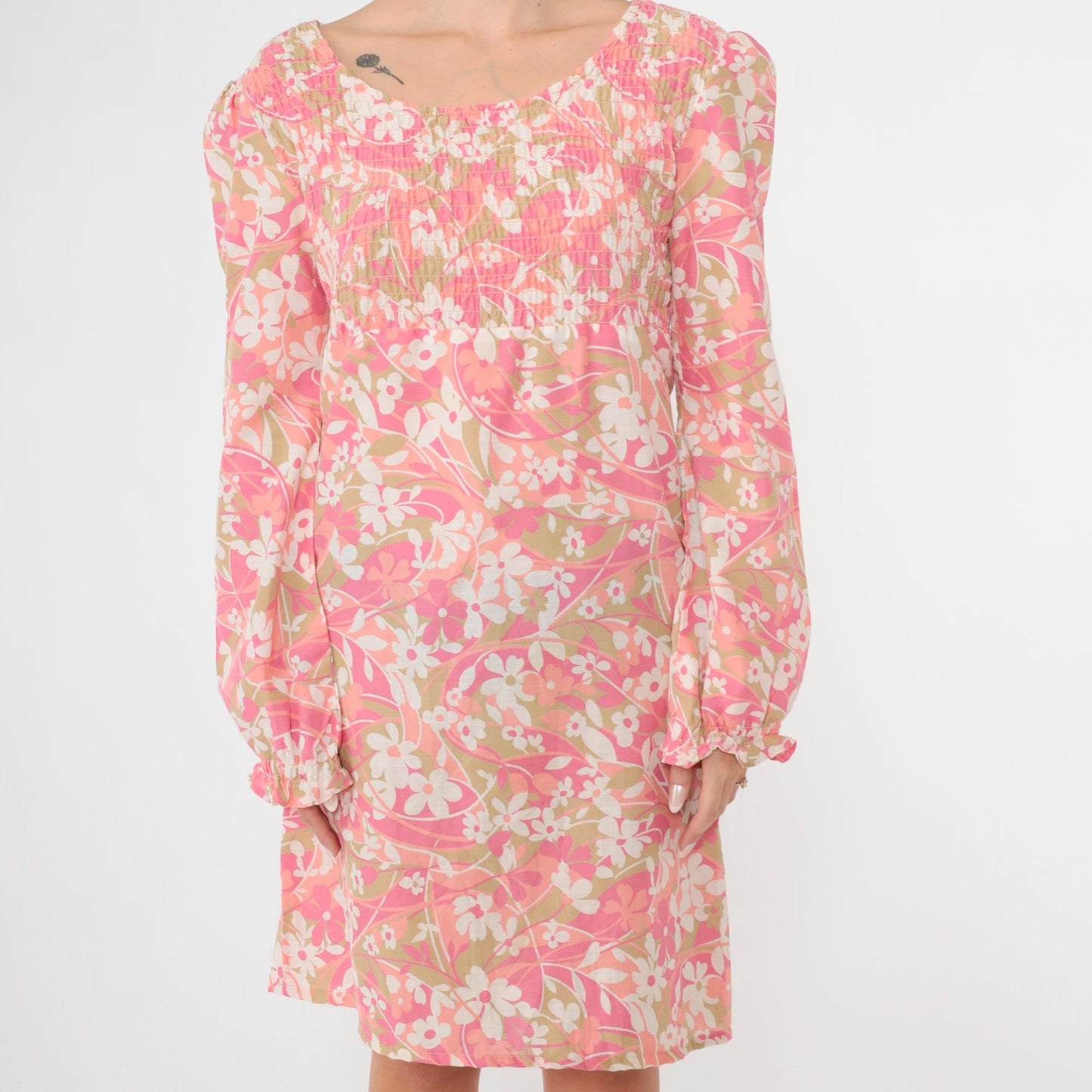 70s Floral Puff Sleeve Mini Dress Empire Waist Smocked Bodice Pink Small