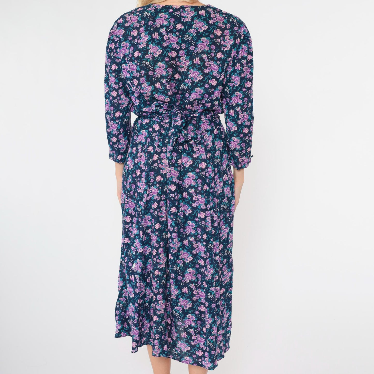 90s Purple Blue Floral Midi Dress Button Up Long Sleeve Large