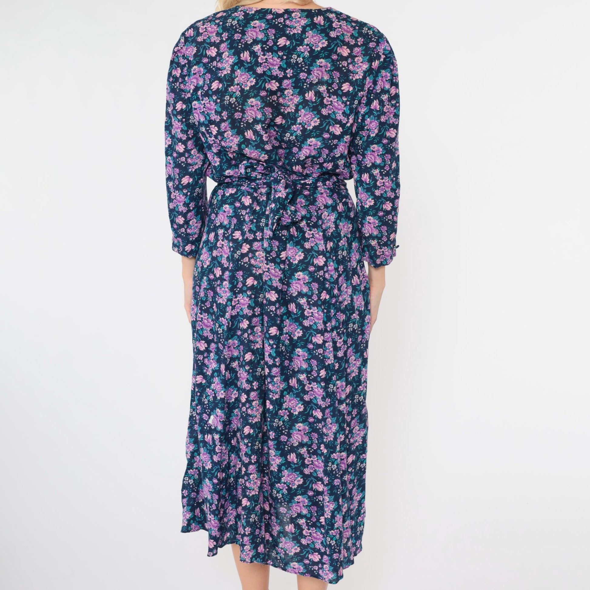 90s Purple Blue Floral Midi Dress Button Up Long Sleeve Large