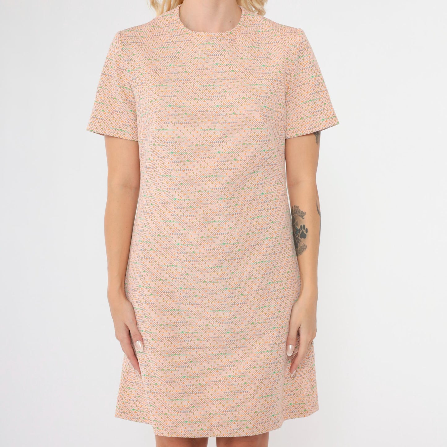 60s Mod Mini Shift Dress Orange Micro Dot Print White Polyester Small Medium