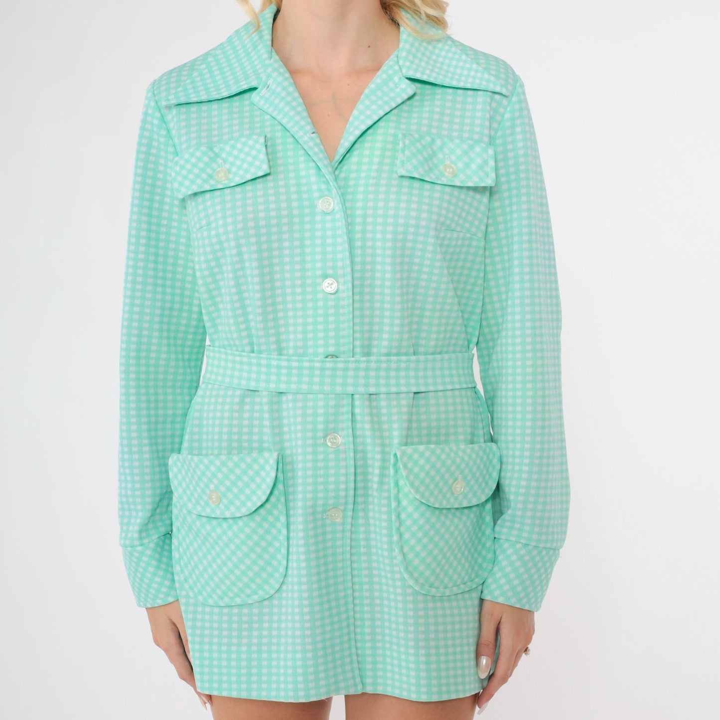 70s Mint Gingham Button-Up Shirt Jacket White Check Long Sleeve Medium