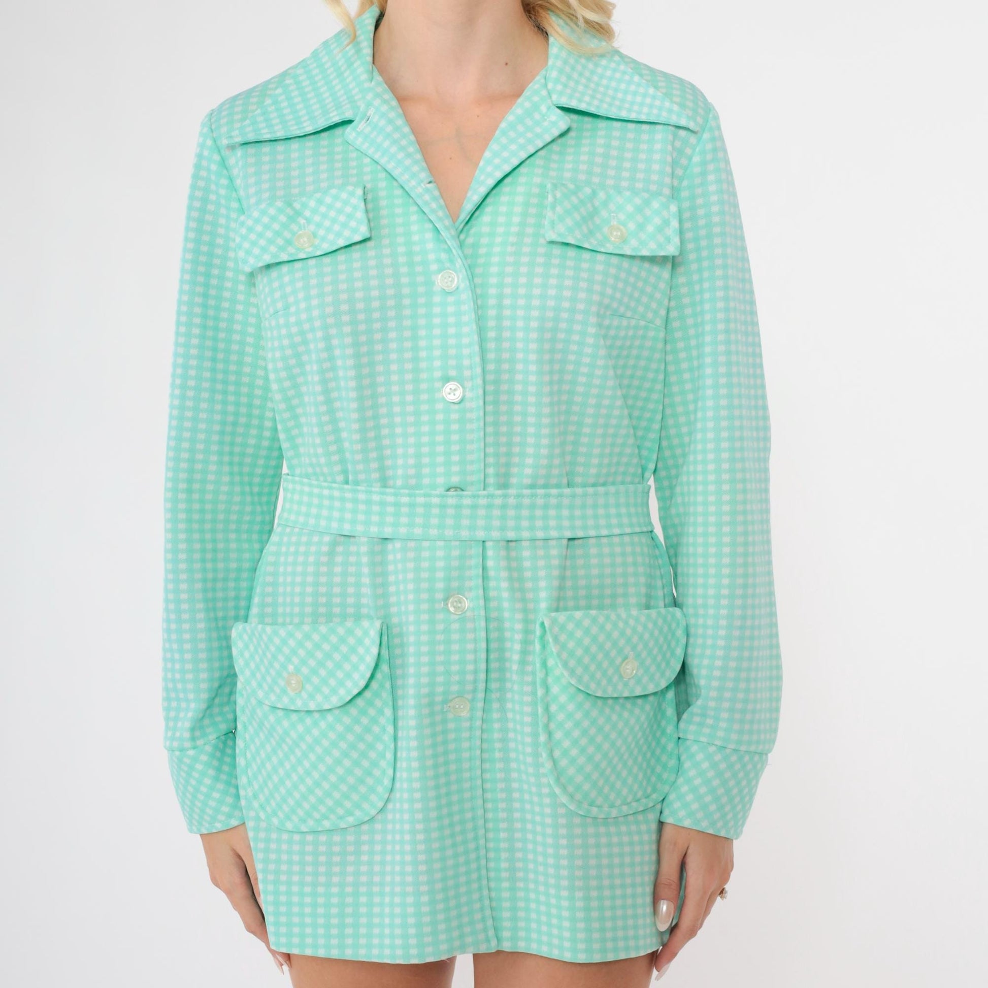 70s Mint Gingham Button-Up Shirt Jacket White Check Long Sleeve Medium