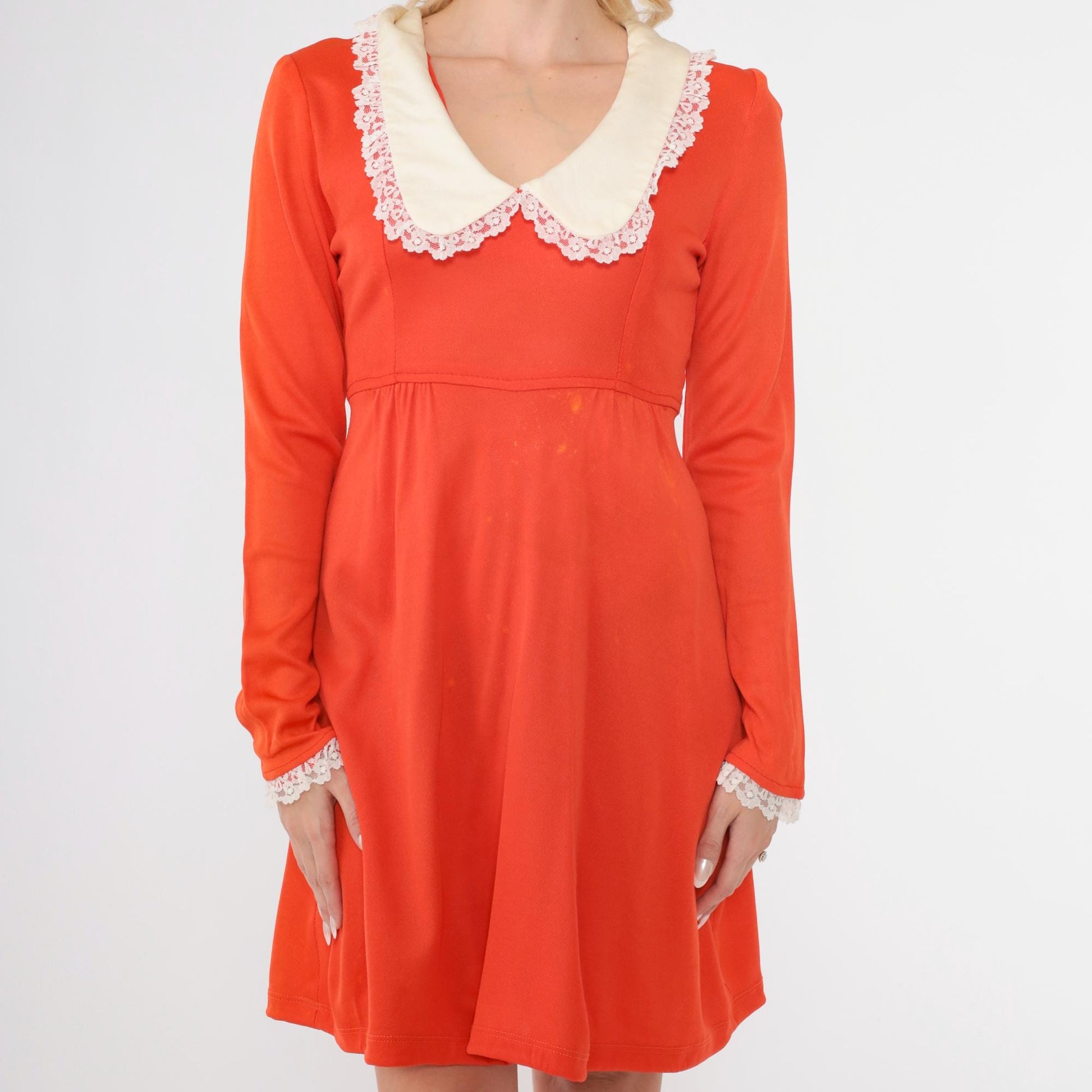 70s Orange Babydoll Minidress Peter Pan Collar Empire Waist Small