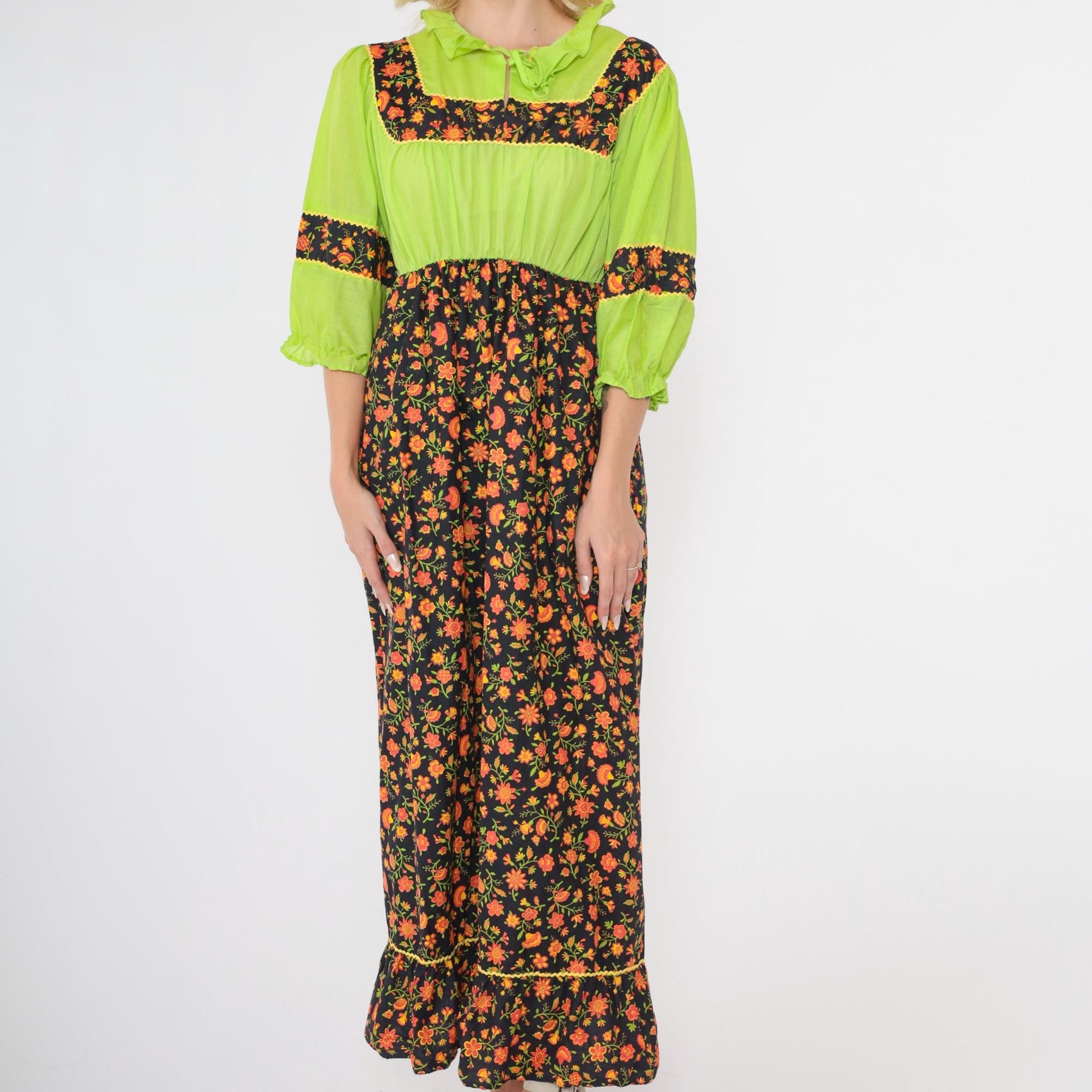 70s Floral Maxi Dress Lime Green Black Orange Puff Sleeve High Waist Small