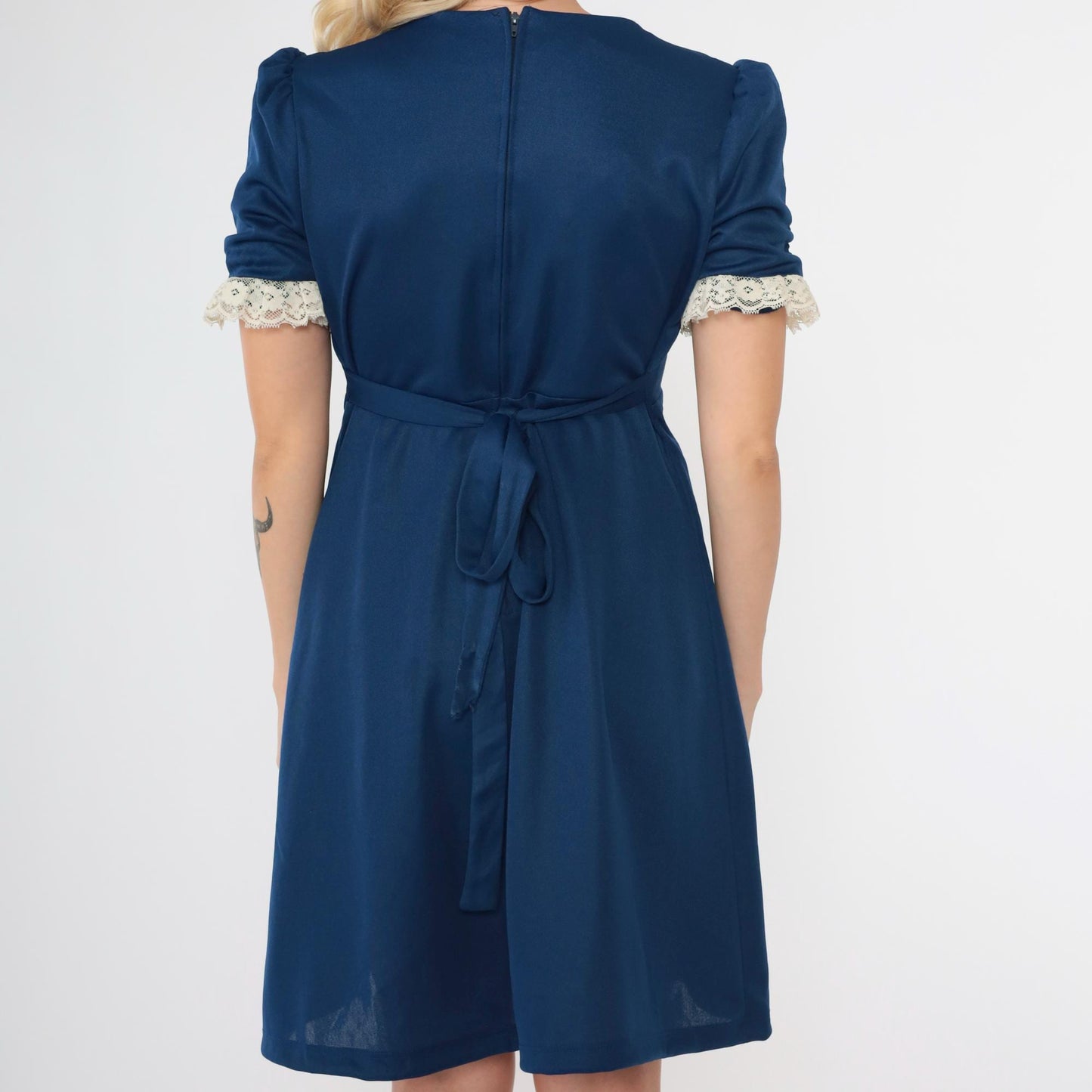 70s Navy Babydoll Mini Dress Empire Waist Puff Sleeve Lace Trim Medium