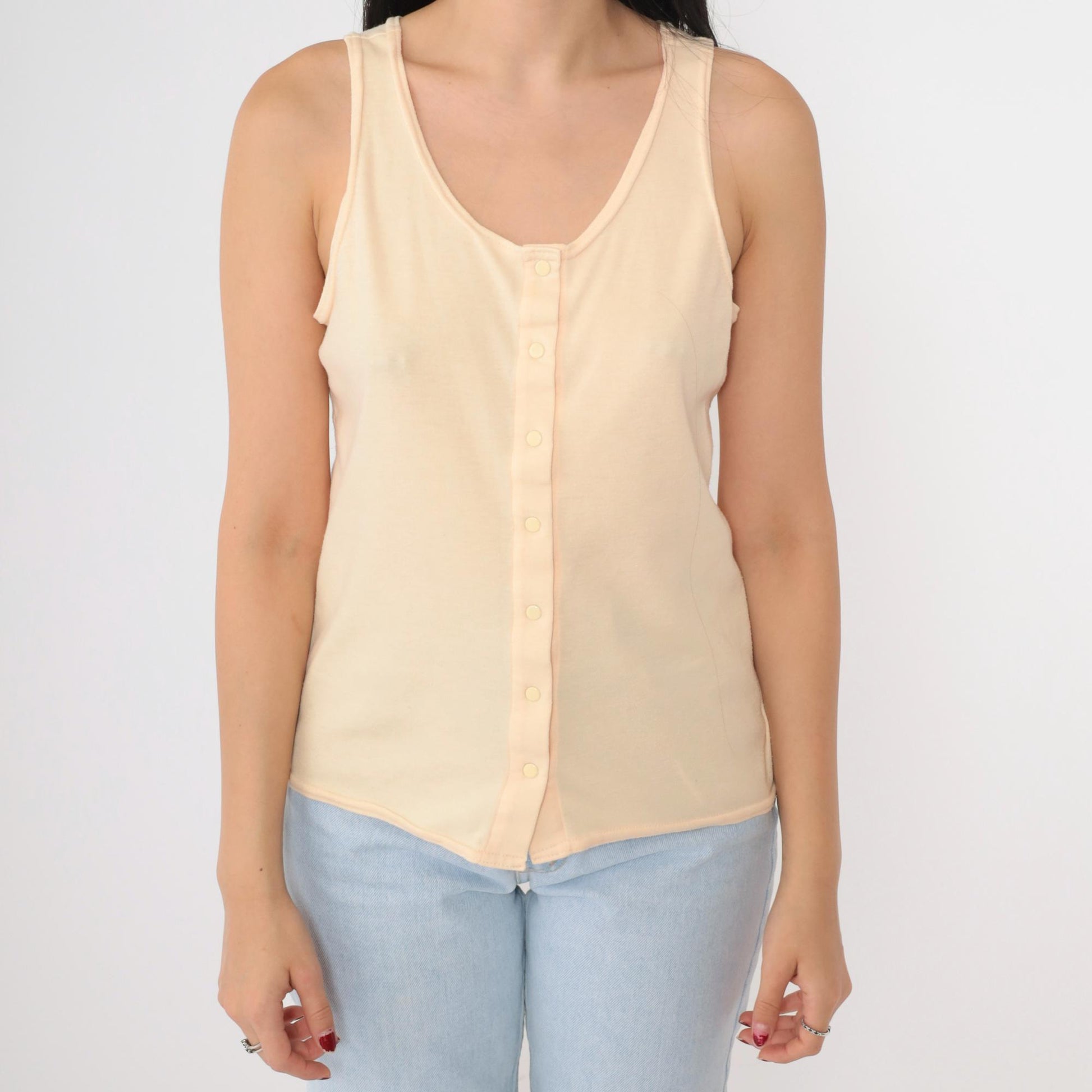 90s Peach Snap Button Tank Top Scoop Neck Sleeveless Blouse Medium