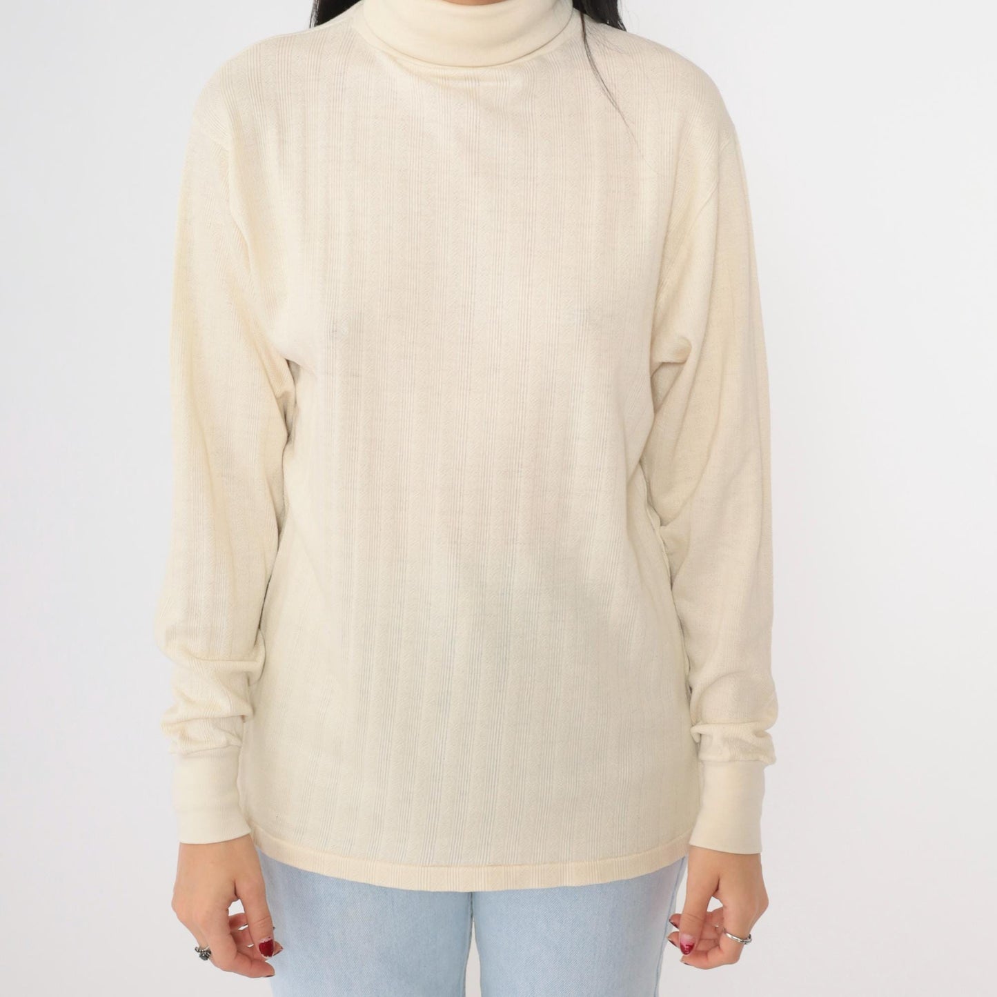 70s Cream Ribbed Turtleneck Long Sleeve Knit Top Medium