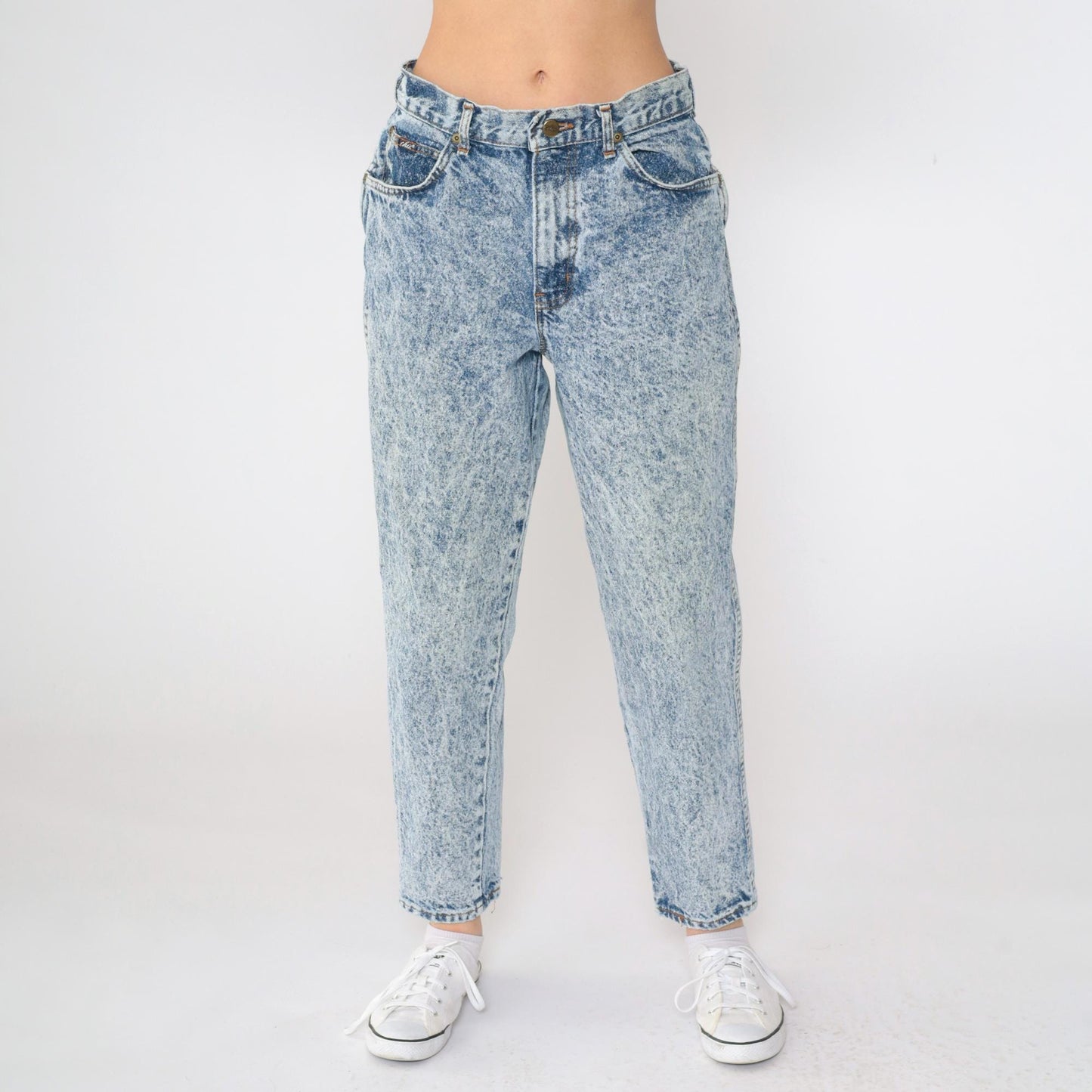 80s Acid Wash High-Waist Tapered Jeans Blue Denim Size 14