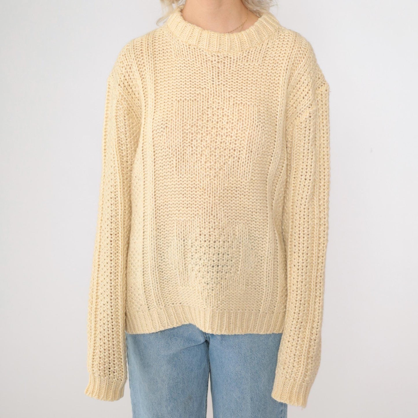 70s Inter Vale Wool Blend Sweater Cream Star Design Crewneck Large L