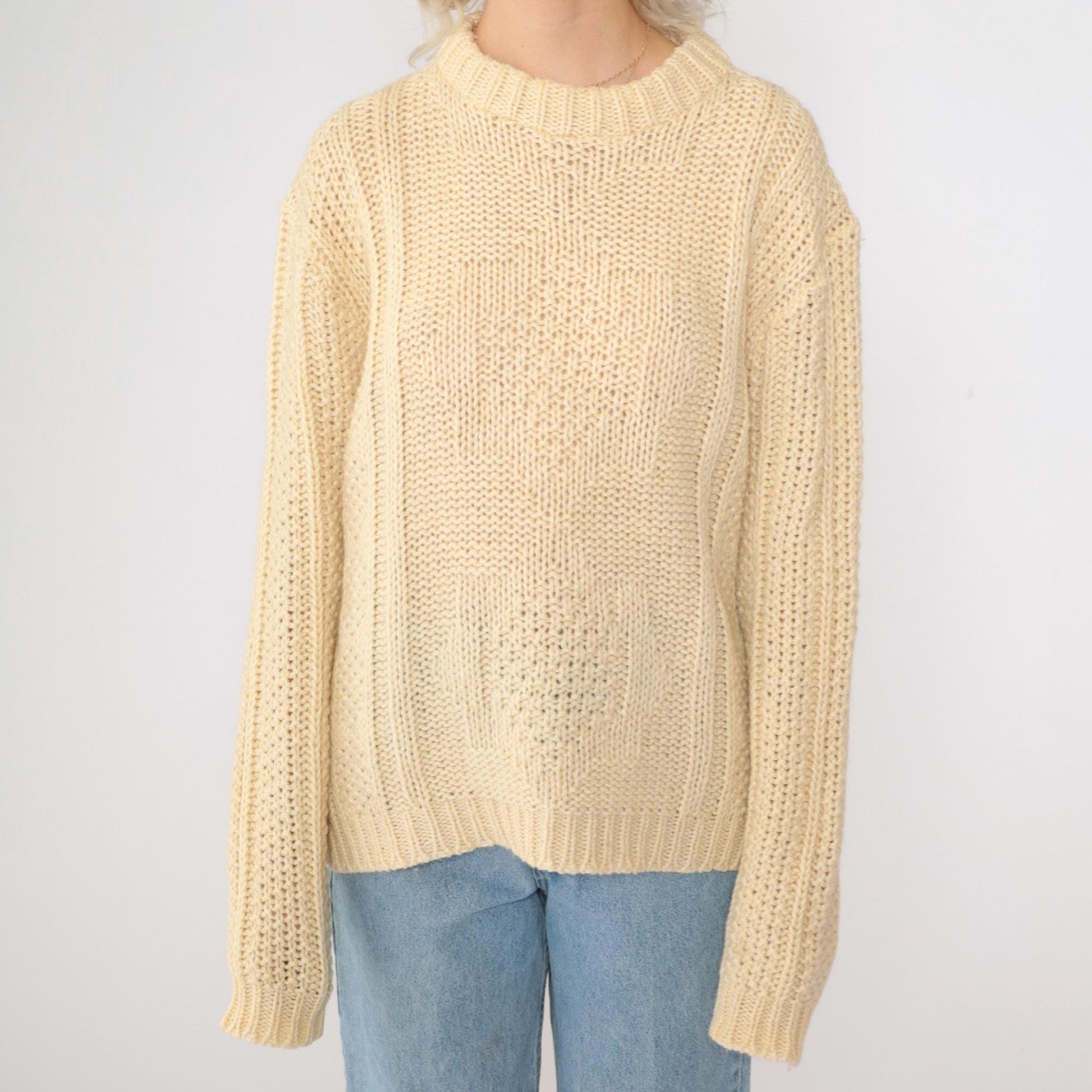 70s Inter Vale Wool Blend Sweater Cream Star Design Crewneck Large L