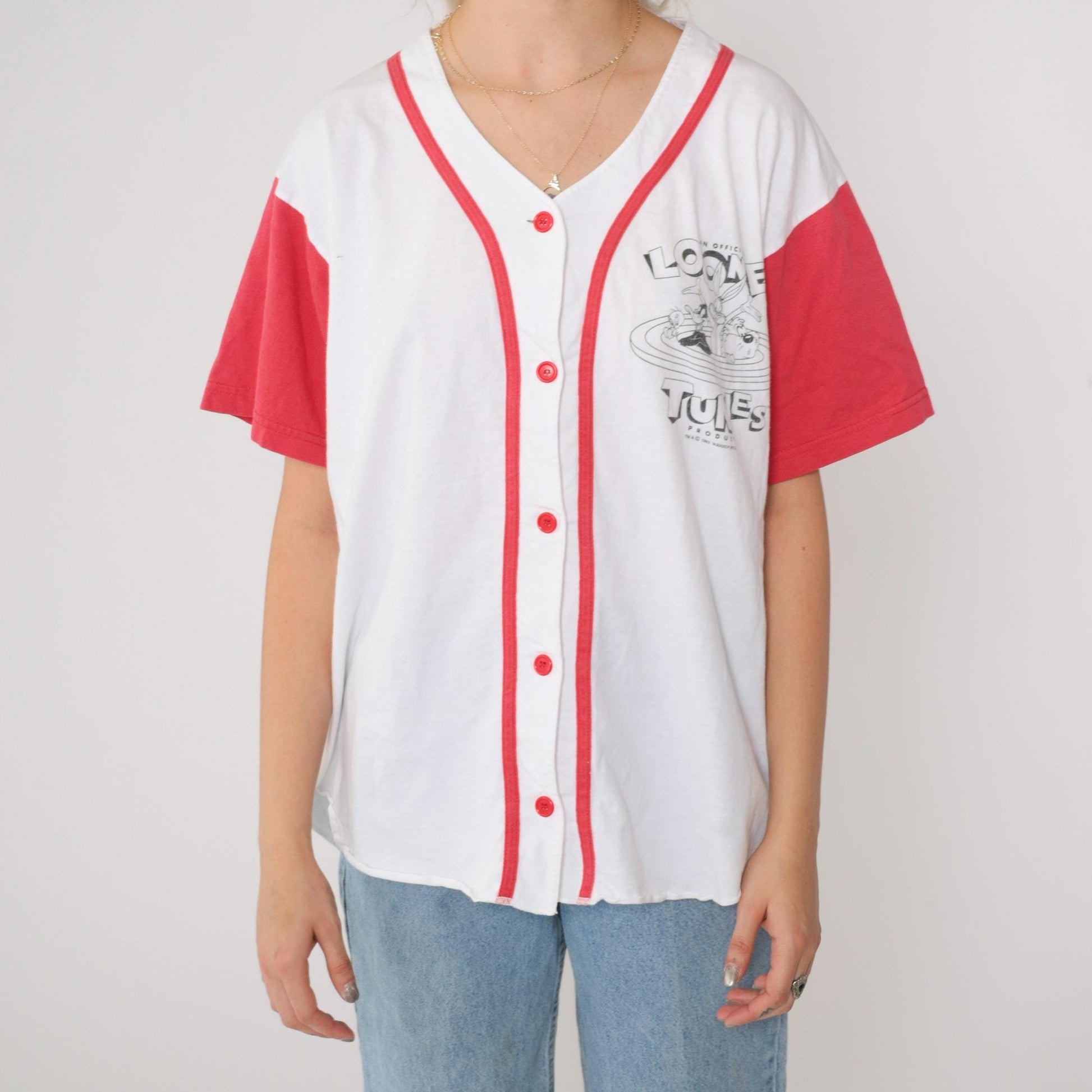 90s Looney Tunes Baseball Shirt Warner Bros Graphic Button Up Cotton Medium