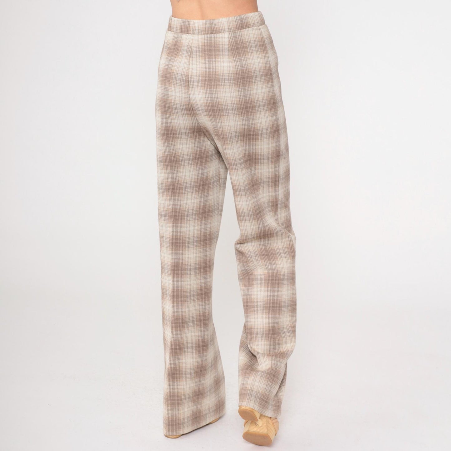 70s Plaid Flared Trousers Taupe High Waist Elastic Pants Small