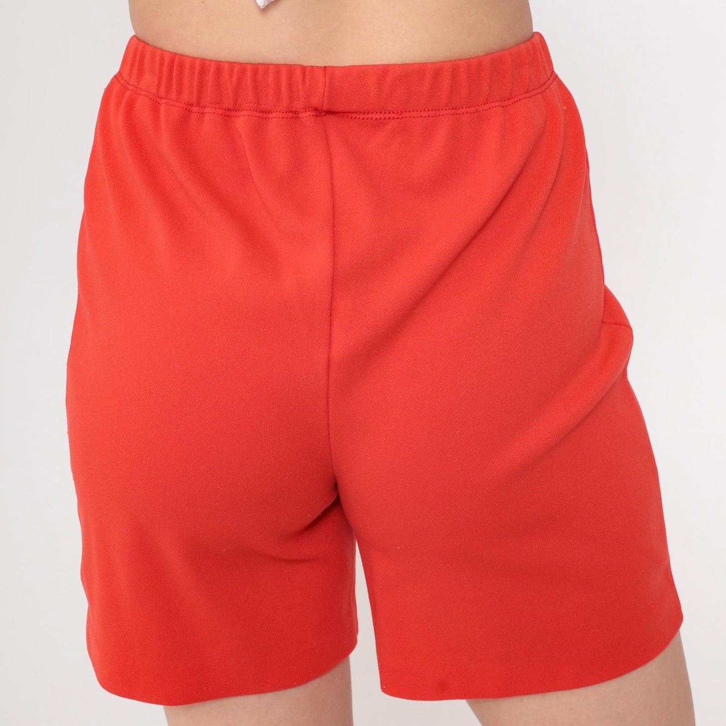 70s Red High-Waisted Shorts Polyester Knit Crease Front Small