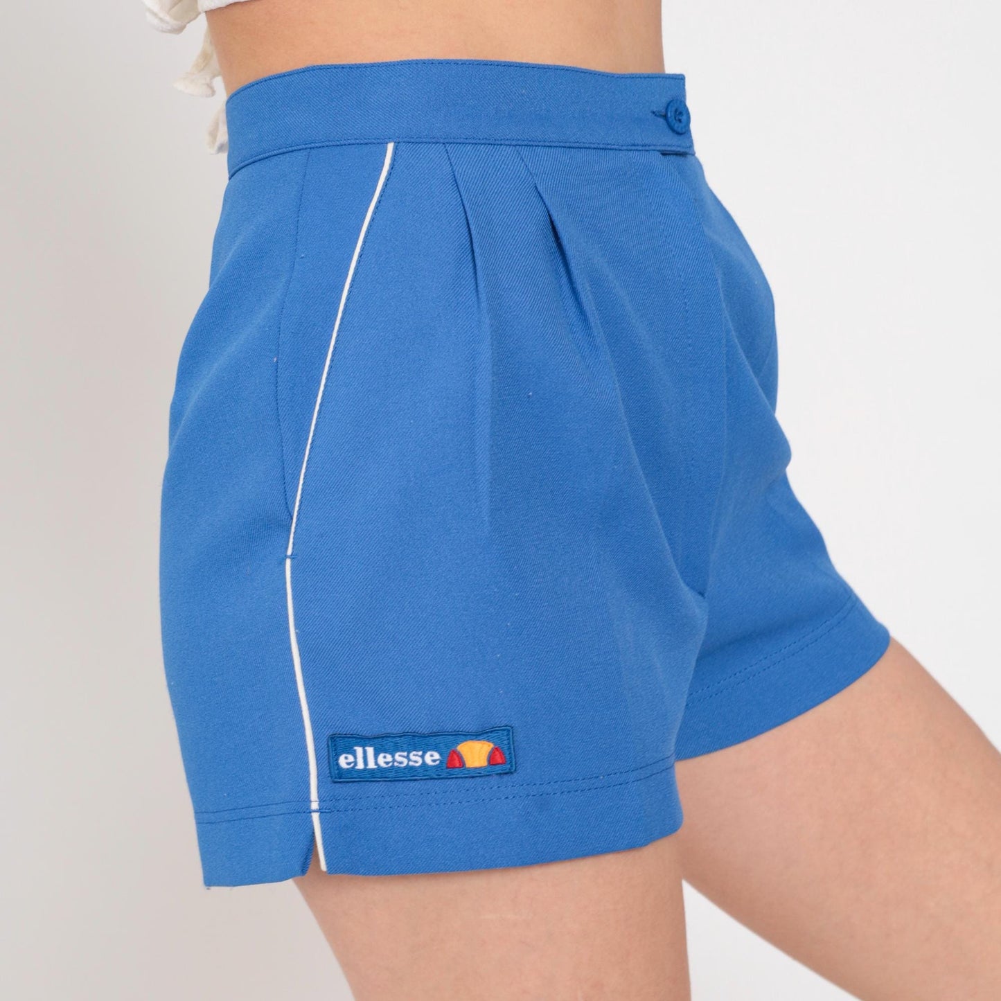 80s Ellesse Tennis Shorts Blue White Piping High Rise Pleated Small