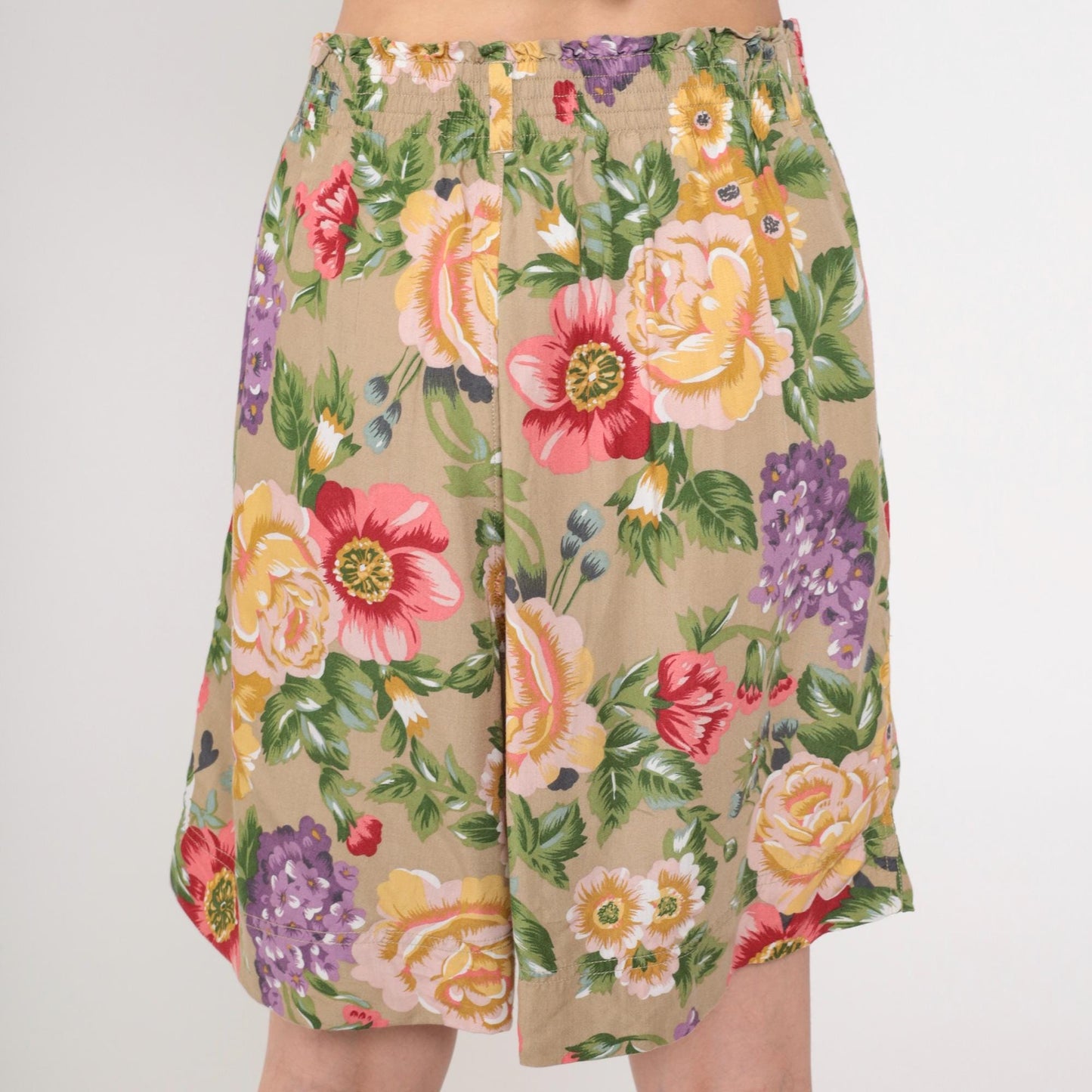 90s Lizwear Floral Pleated Shorts High Waist Rayon Tan Large 14