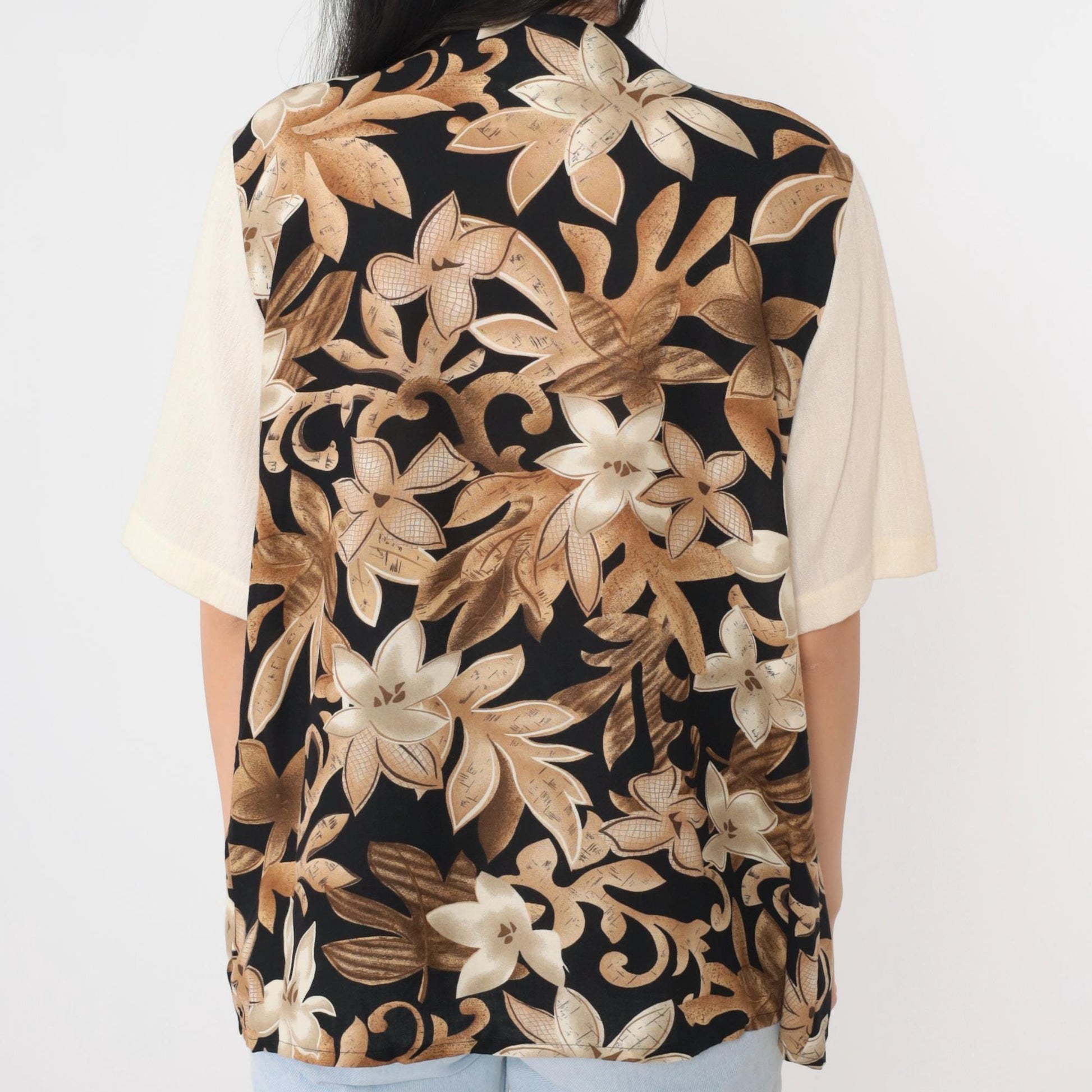 90s Alfred Dunner Floral Vest Blouse Cream Button Up Short Sleeve Large 14