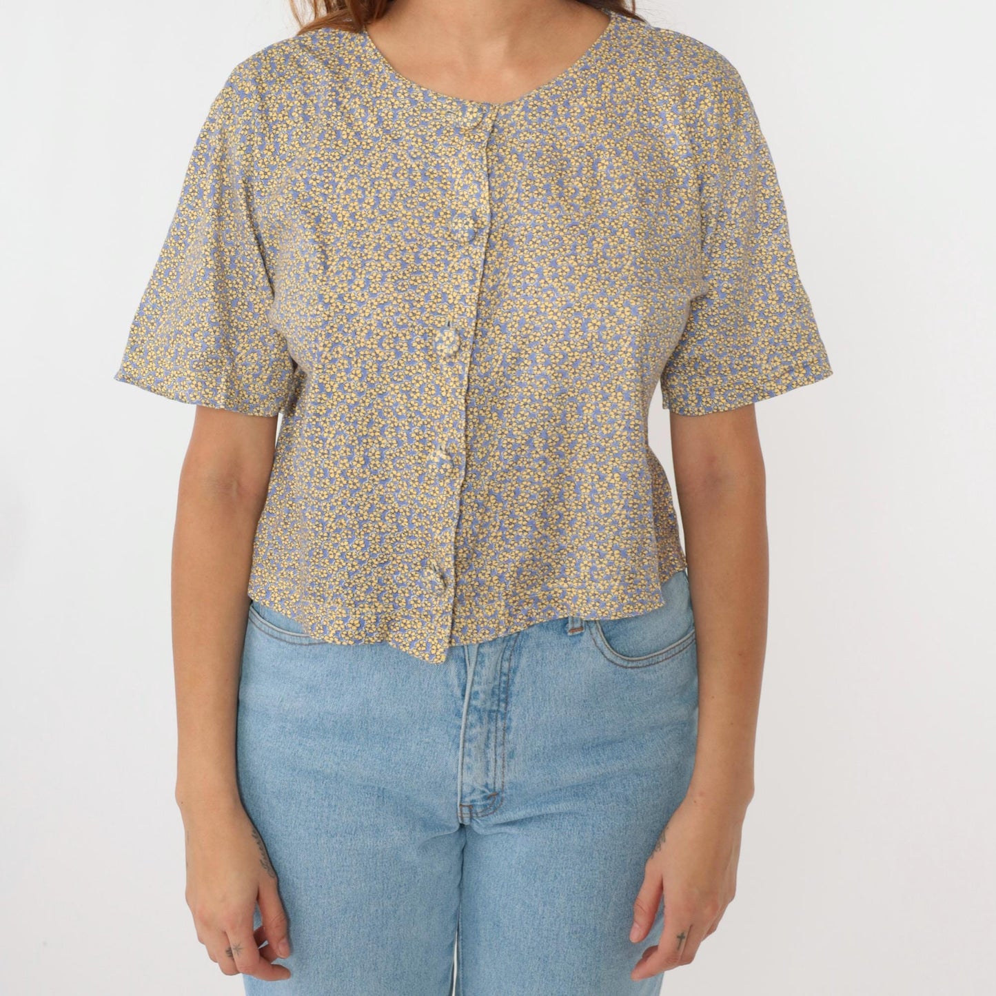 90s Talbots Petites Calico Floral Button-Up Blouse Periwinkle Cotton Small