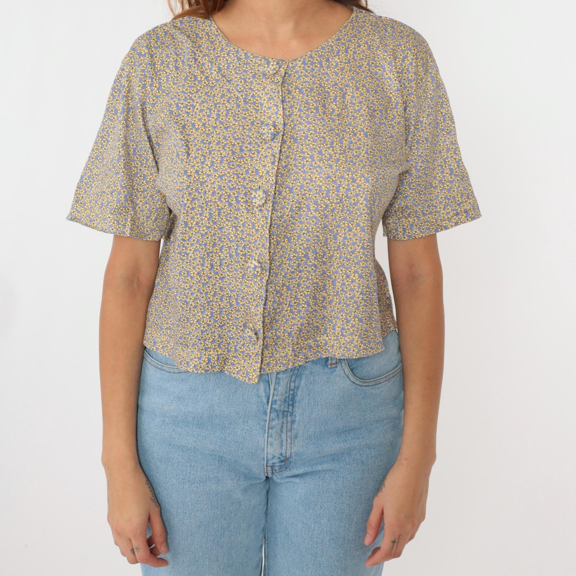 90s Talbots Petites Calico Floral Button-Up Blouse Periwinkle Cotton Small