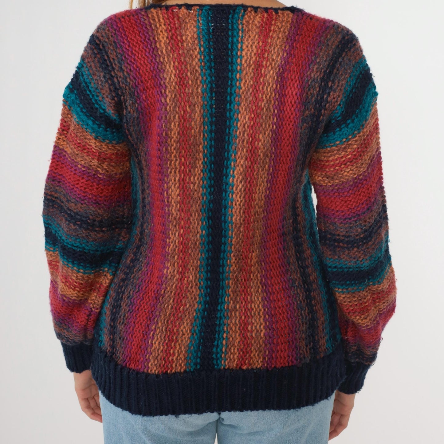 80s Striped Knit Sweater Rainbow Horizontal Stripes Balloon Sleeve Small