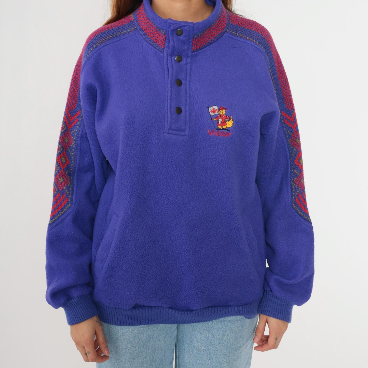 90s Whistler Fleece Sweatshirt Purple Nordic Trim Snap Neck Medium M