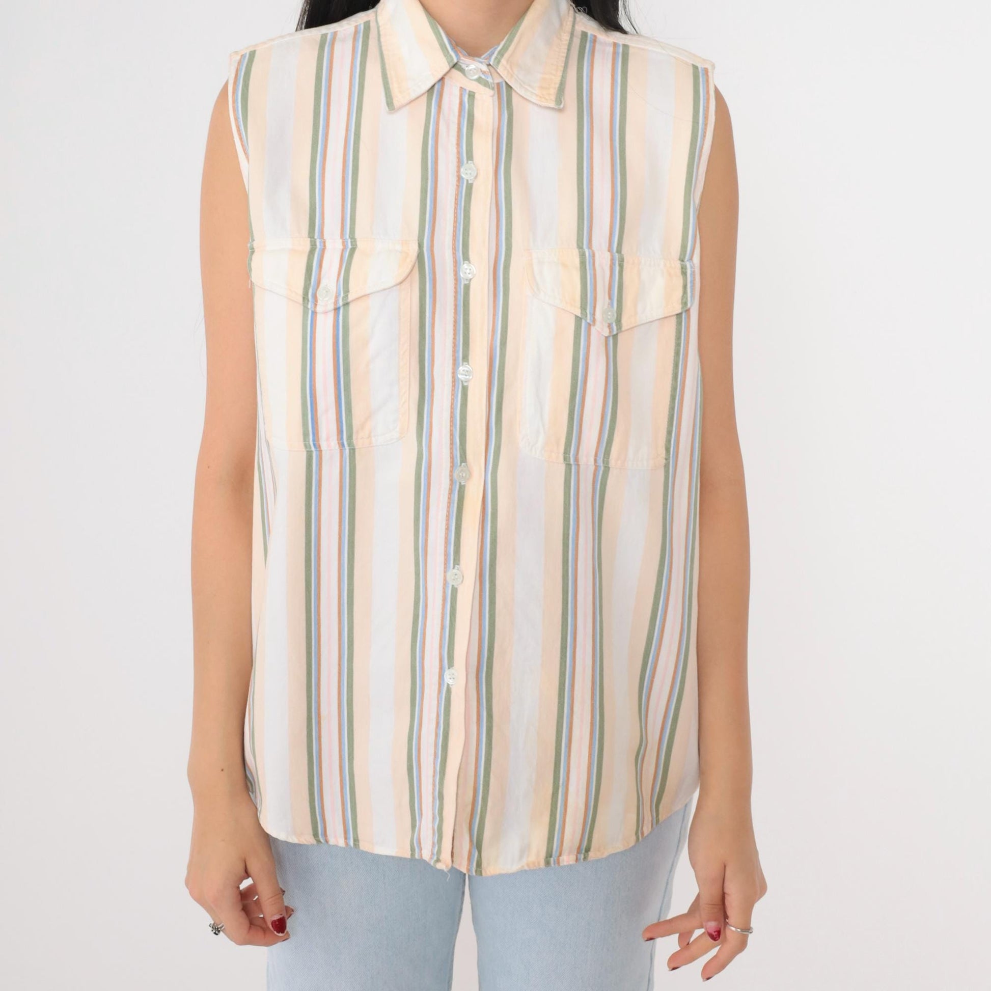 90s Westport Striped Cotton Tank Top Multicolour Chest Pocket Collar Medium M