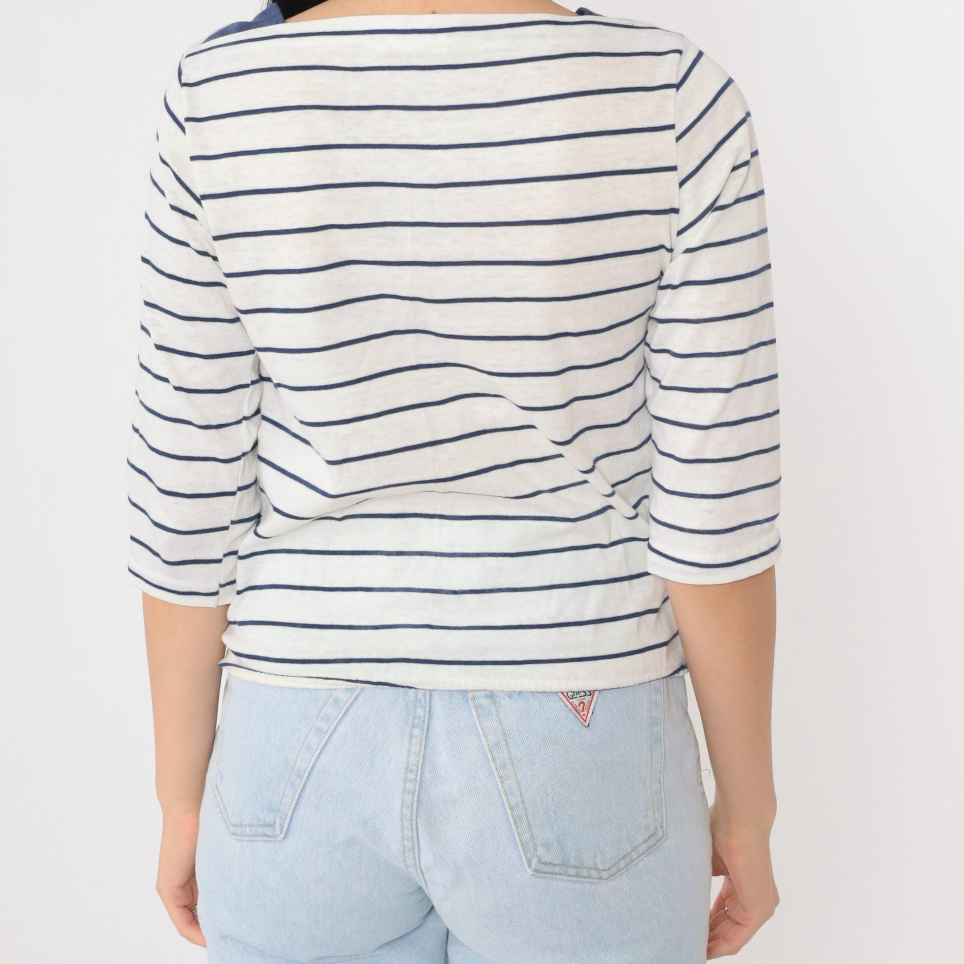 80s Striped Anchor Boatneck T-Shirt White Navy Half Sleeve Small