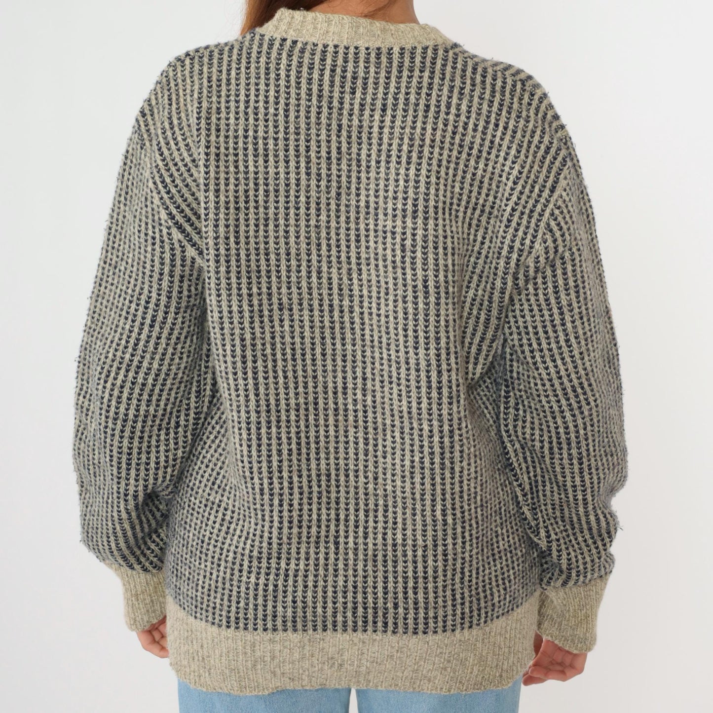 80s Wool Blend Striped Sweater Beige Navy Crew Neck Ribbed Knit Large L