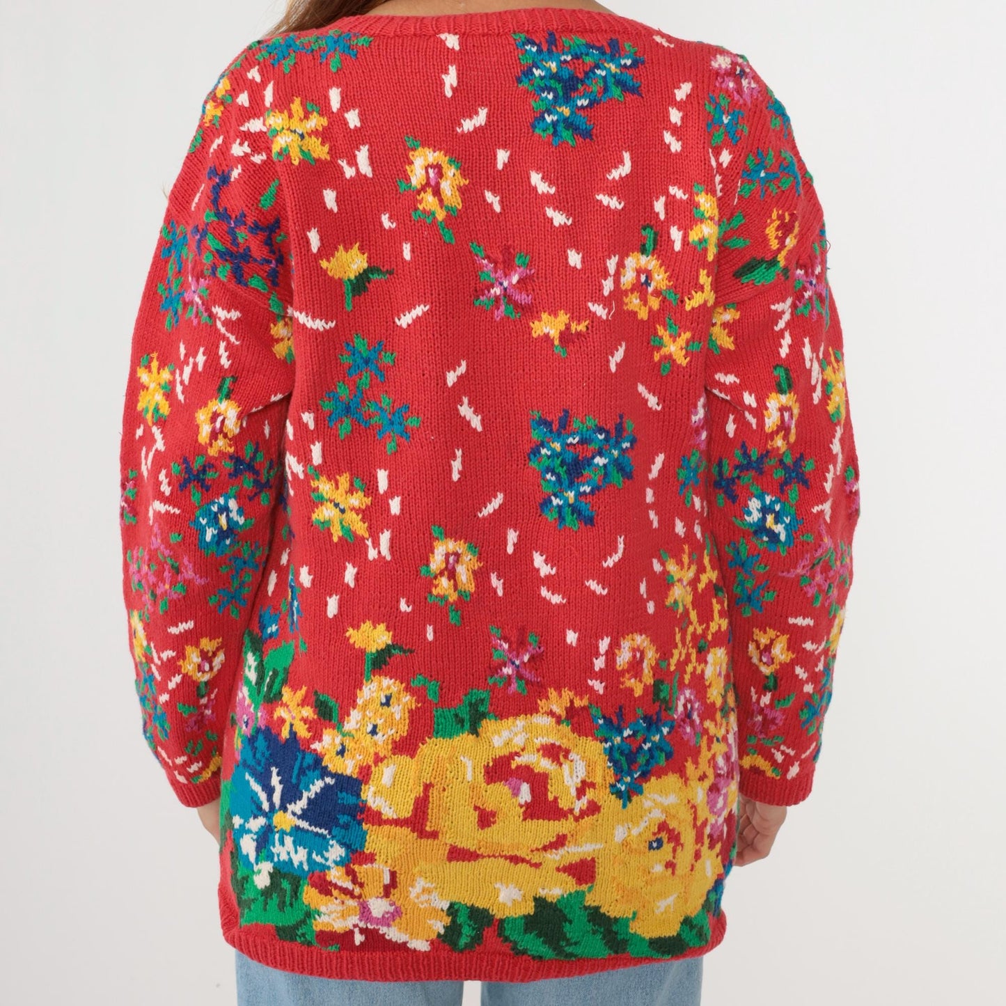 90s Adrienne Cittadini Red Floral Cotton Knit Sweater Crewneck Medium M