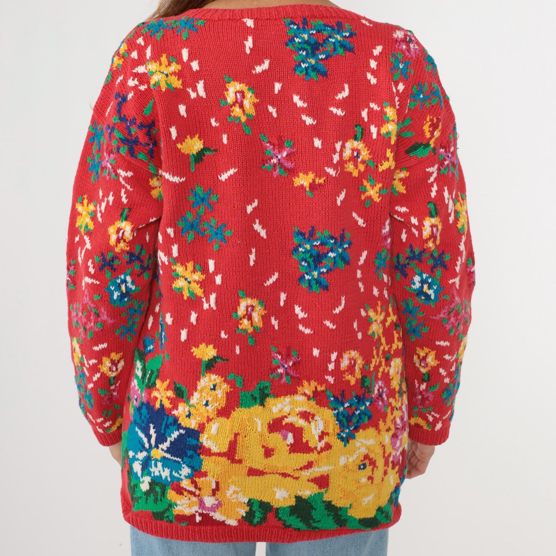 90s Adrienne Cittadini Red Floral Cotton Knit Sweater Crewneck Medium M