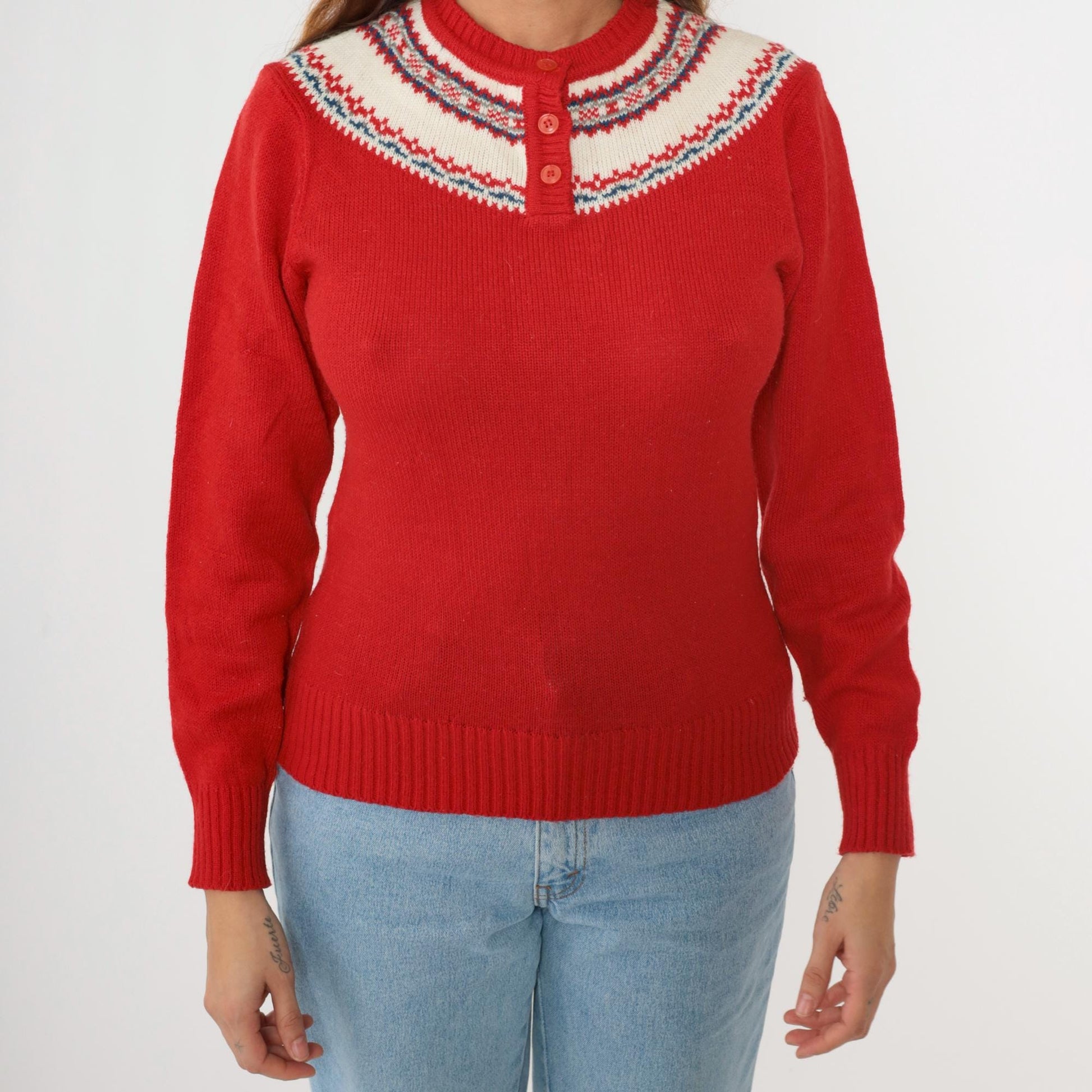70s Icelandic Geometric Yoke Sweater Red Henley Knit Pullover Extra Small