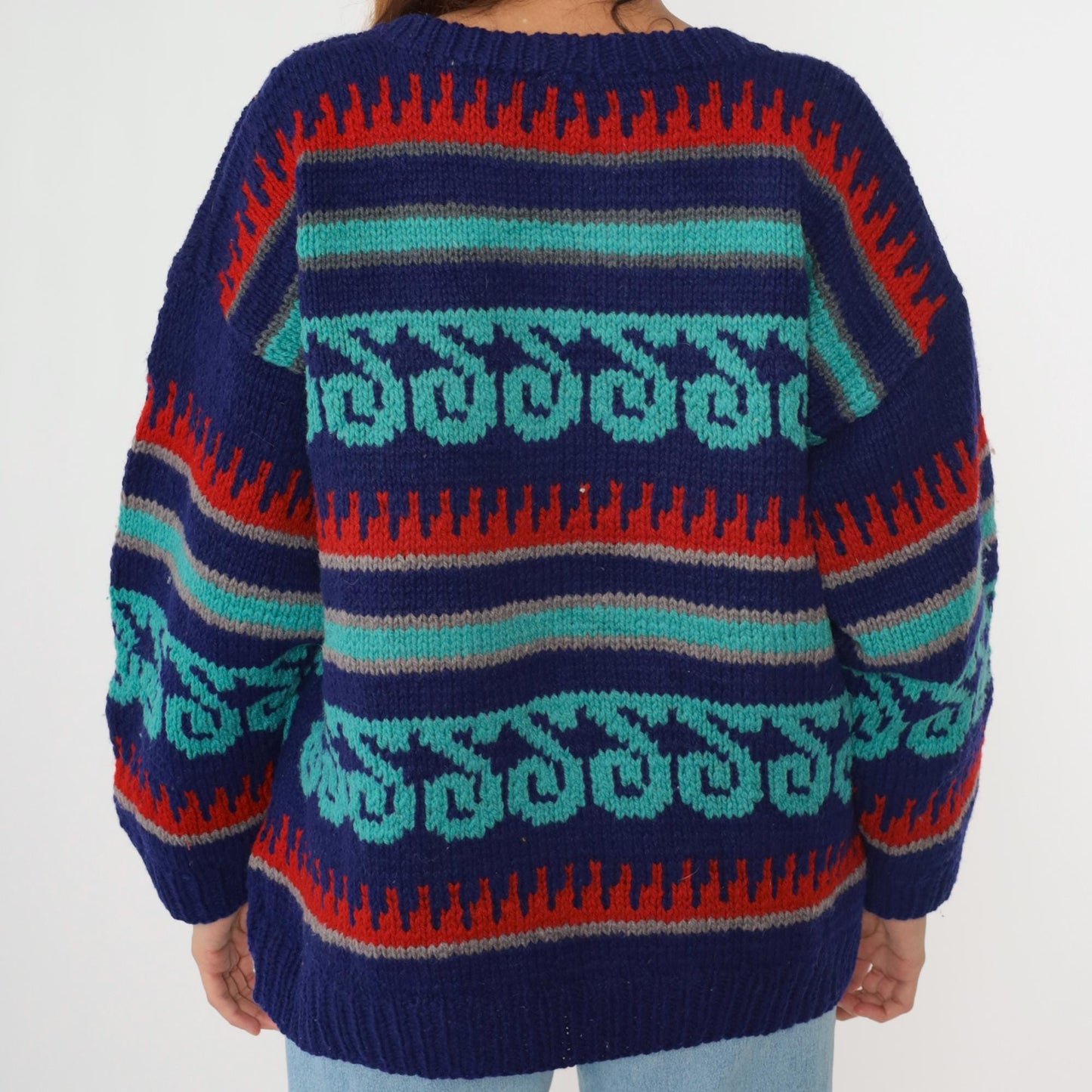 90s Geometric Wool Sweater Estonian Striped Crewneck Blue Turquoise Red Extra Large XL