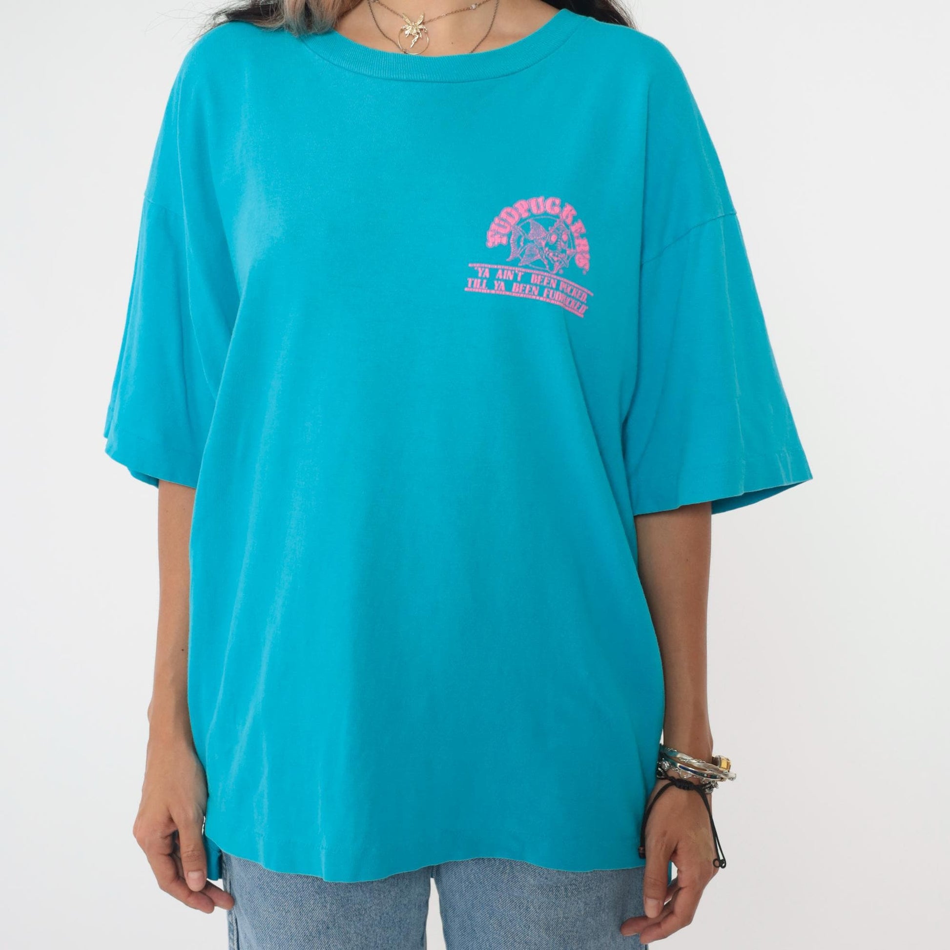 90s Fudpucker's Beachside Bar Grill Turquoise Graphic Tee Pelican Extra Large XL
