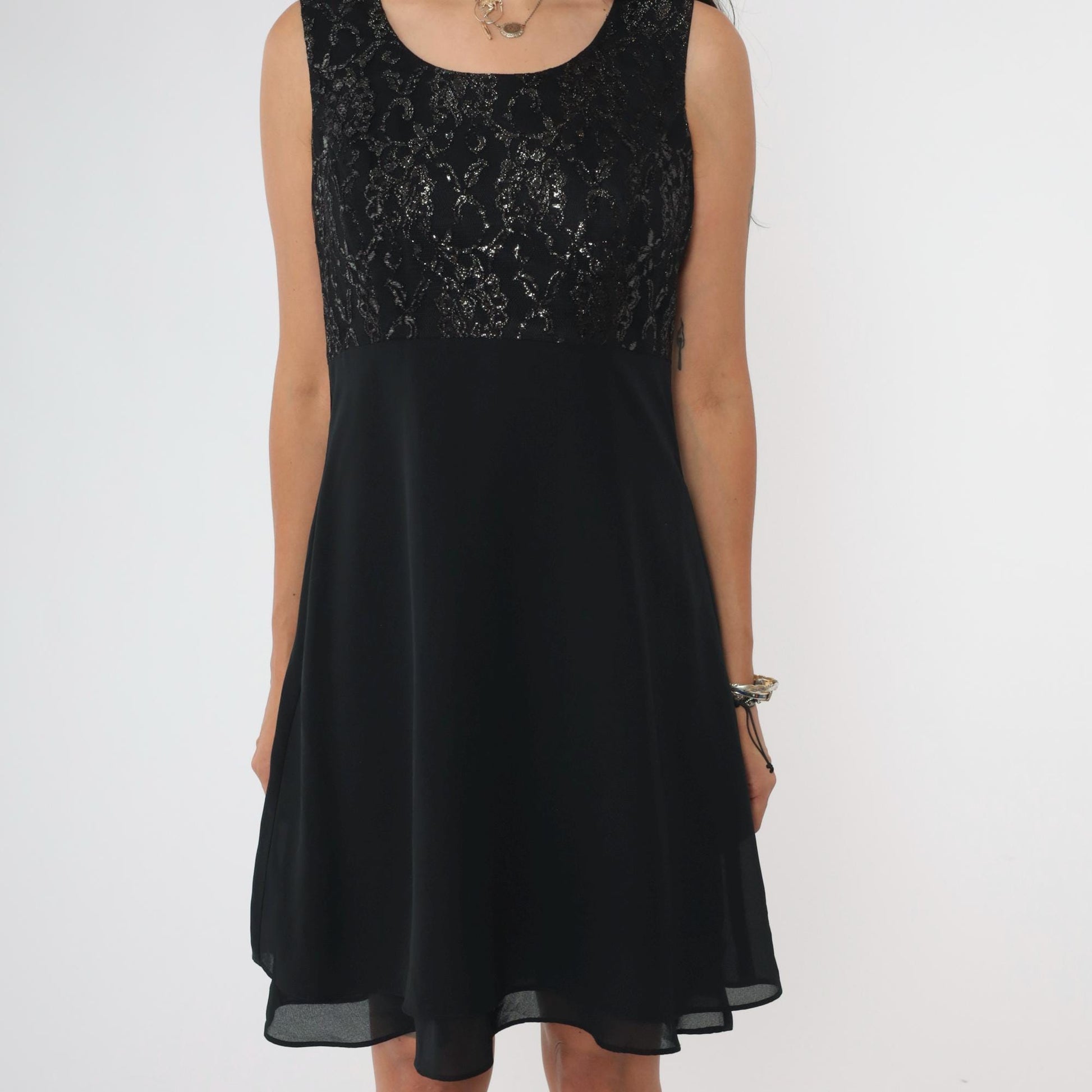 90s Black Lace Mini Dress Metallic Bodice Scoop Neck High Waist Flare Small 6