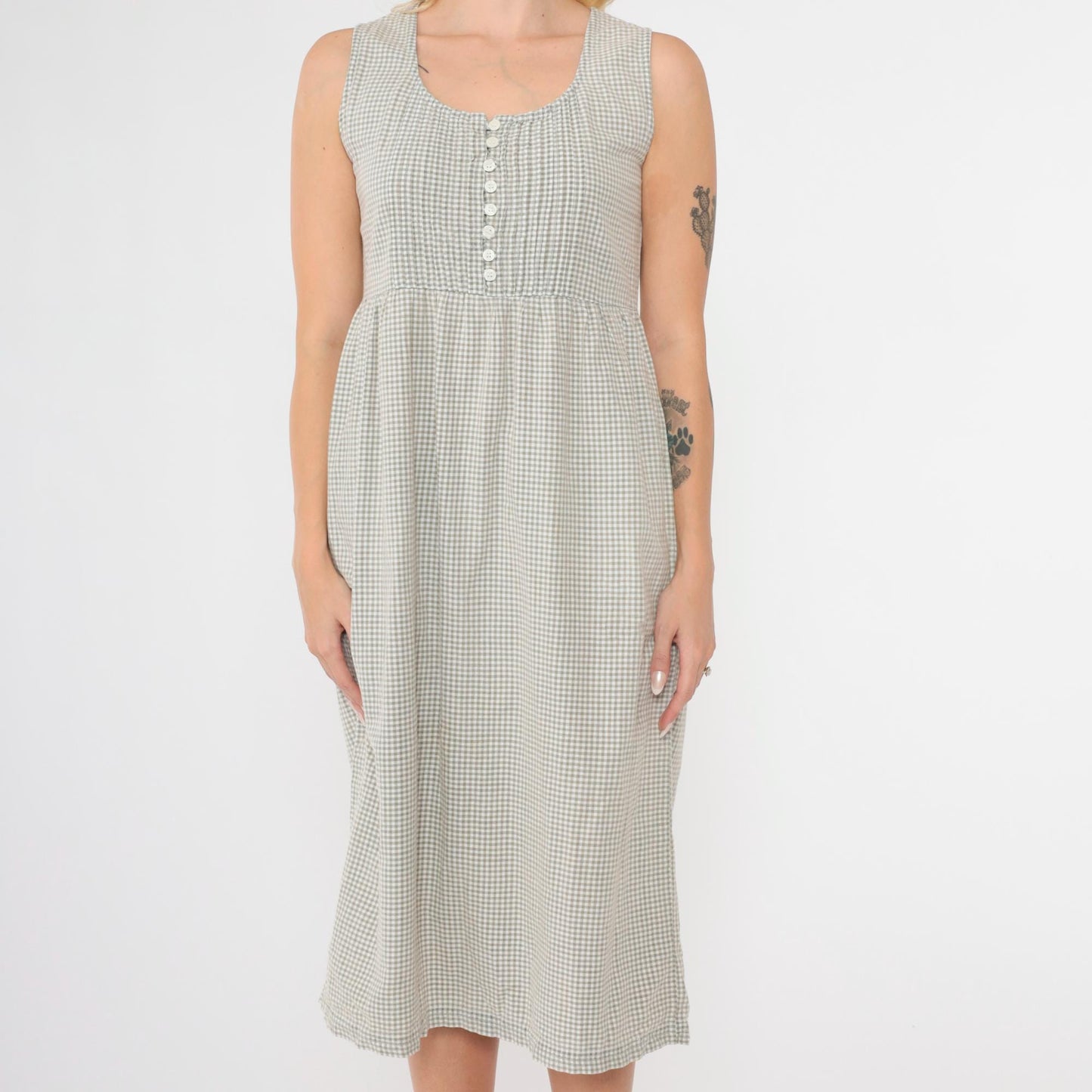 90s Taupe Gingham Jumper Dress Button Front Midi Sleeveless Small Petite