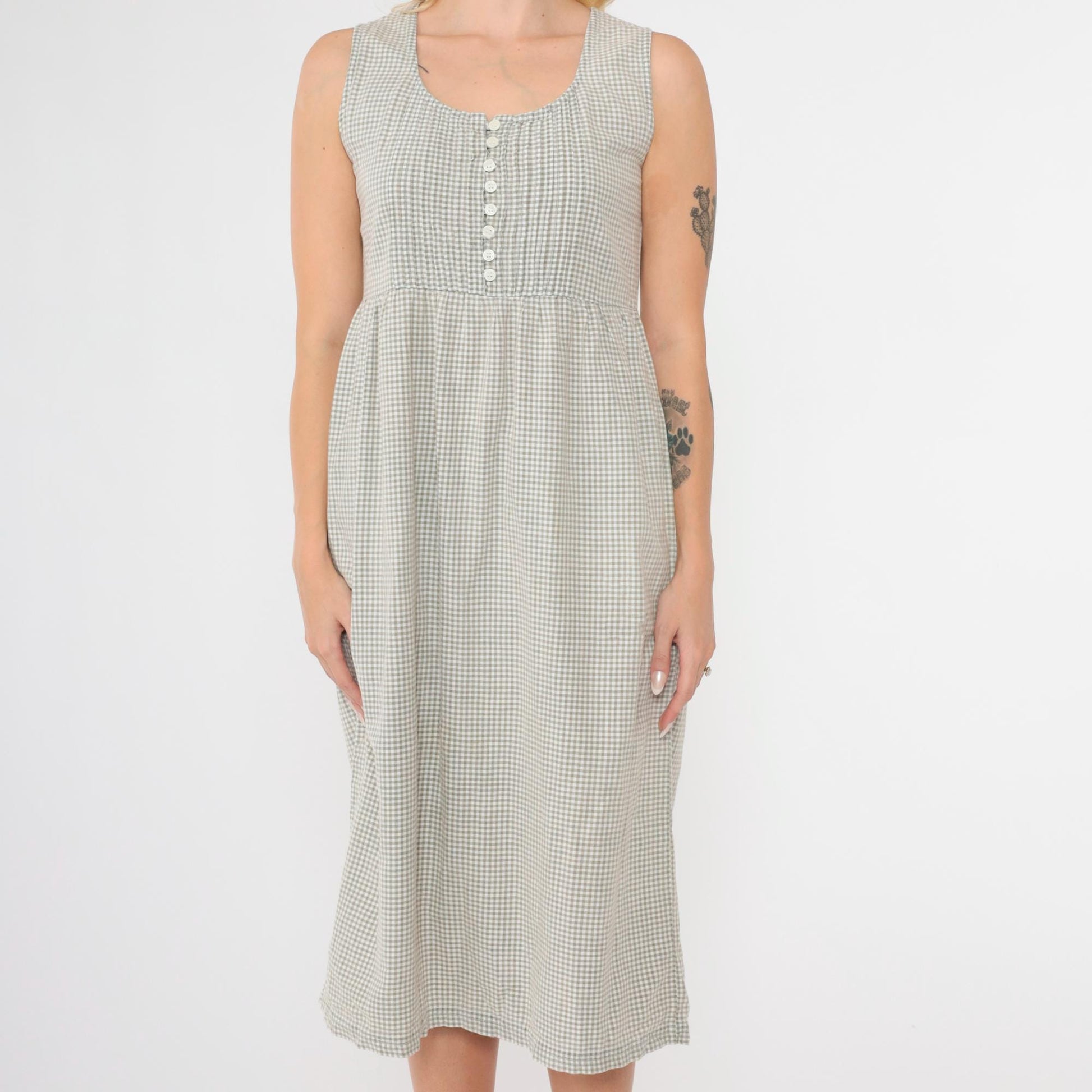 90s Taupe Gingham Jumper Dress Button Front Midi Sleeveless Small Petite