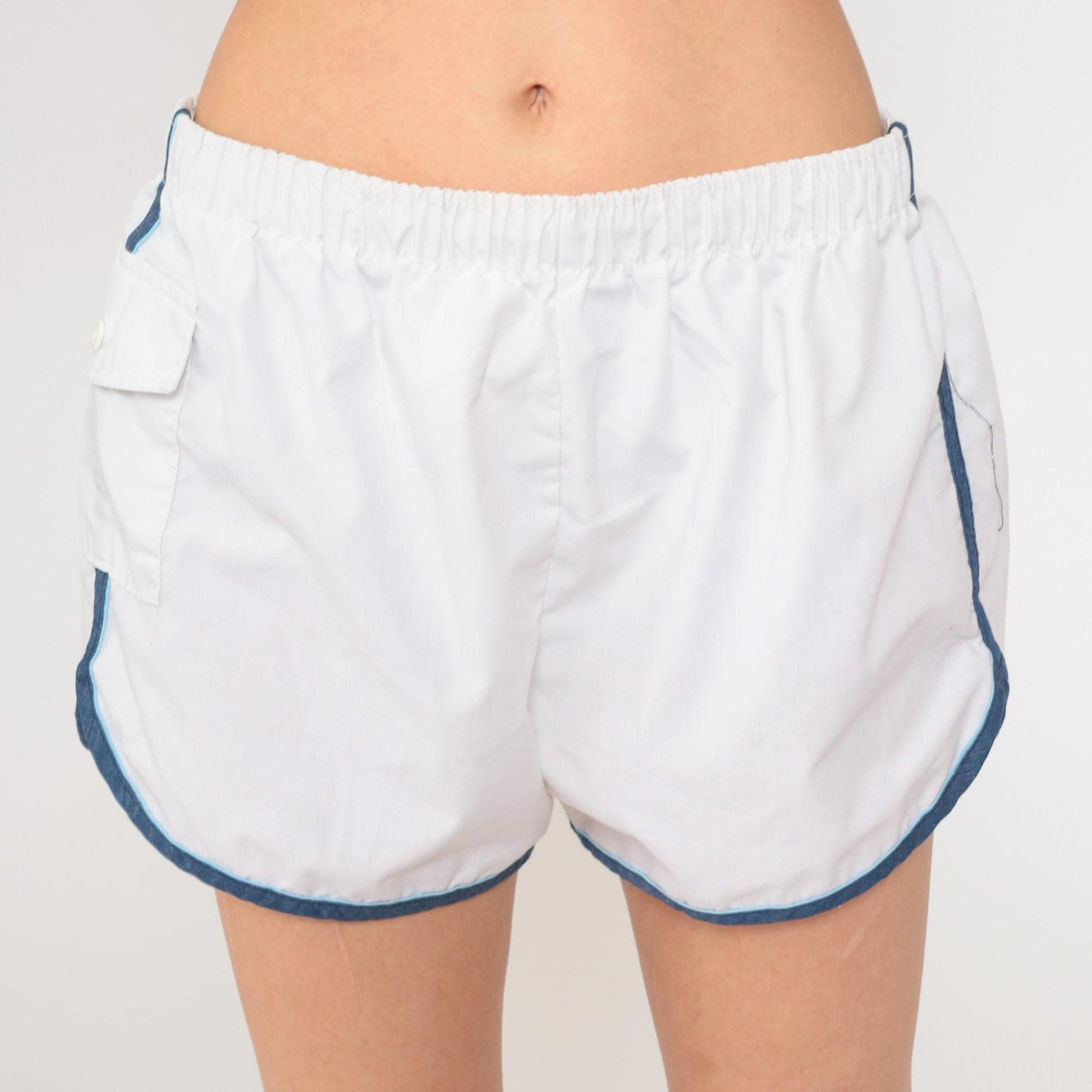 80s Kings Road Swim Shorts White Ringer Trim High Waist Elastic Waist Large