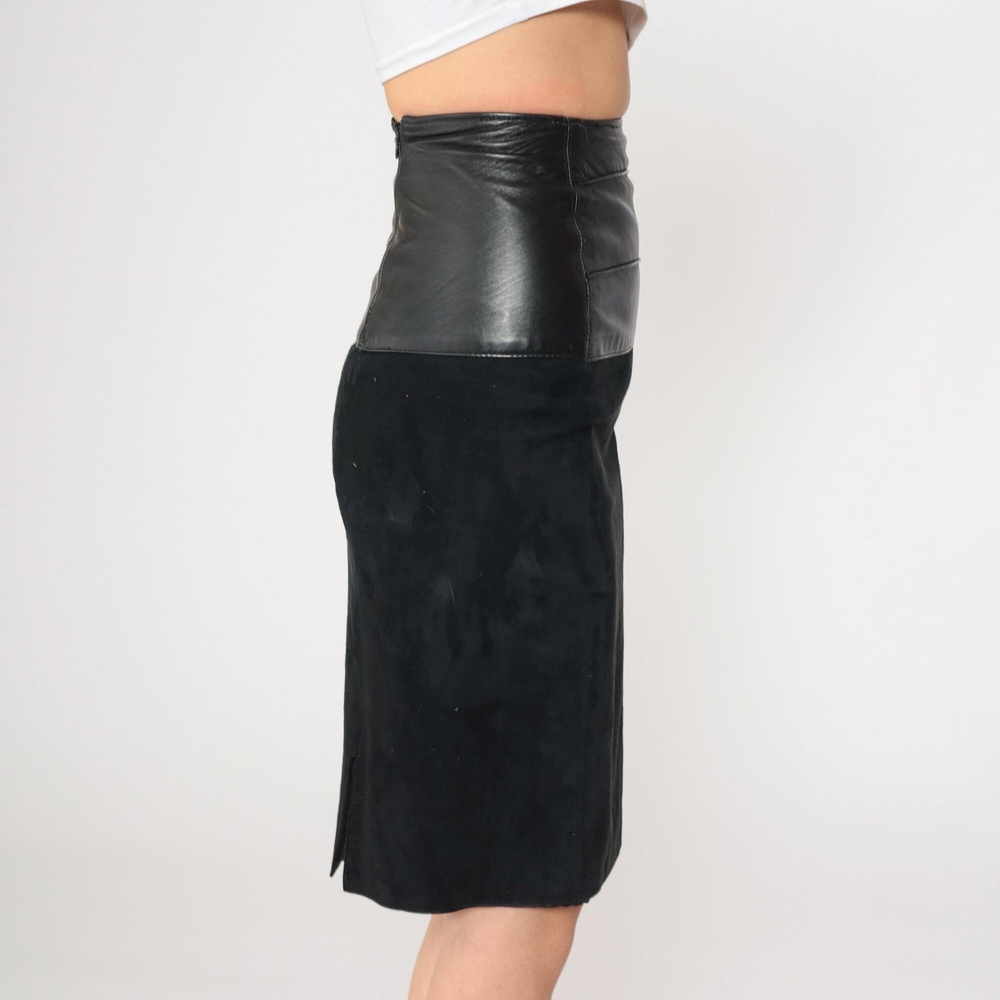 90s Black Leather Suede Mini Pencil Skirt High Rise Rear Zip Extra Small