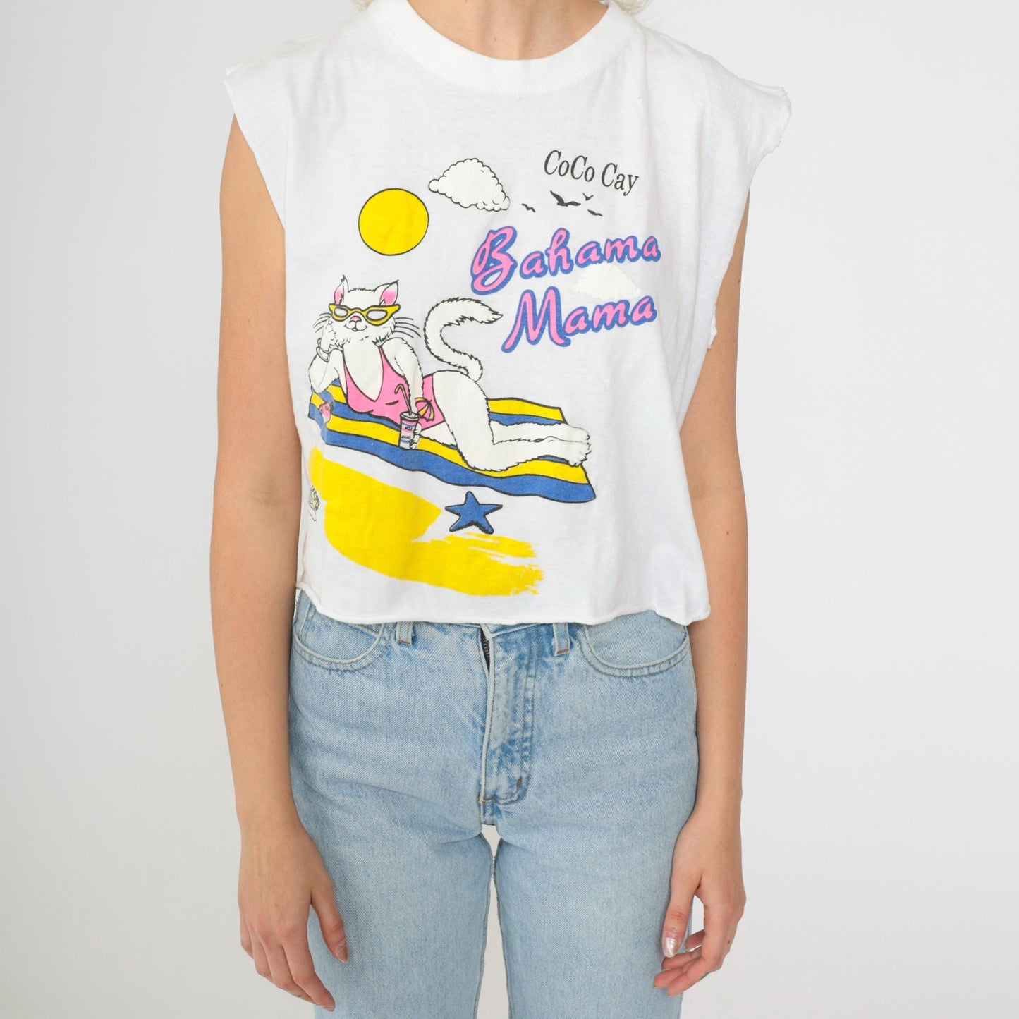 90s Bahama Mama Beach Cat Graphic Tank Top Cutoff Cotton Large L