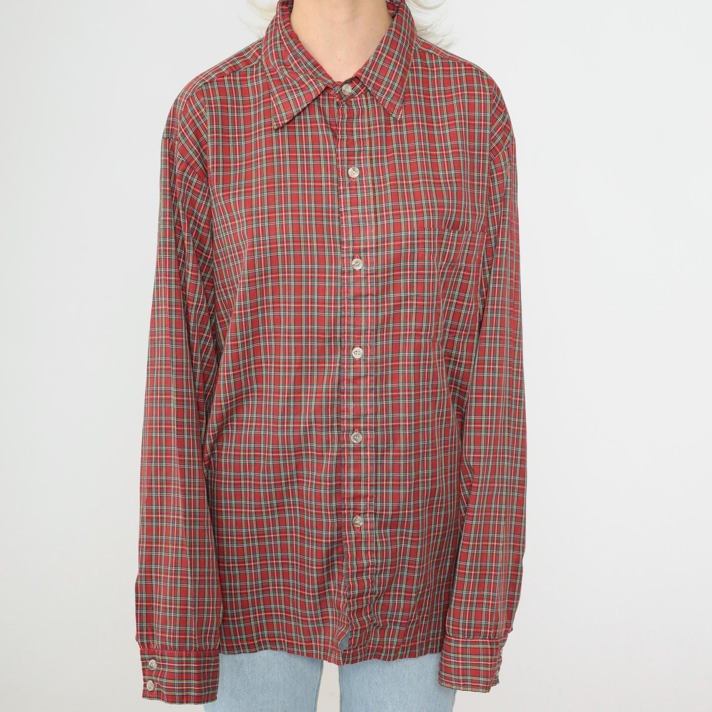 80s Red Plaid Button-Up Shirt Tartan Checkered Long Sleeve Extra Large XL