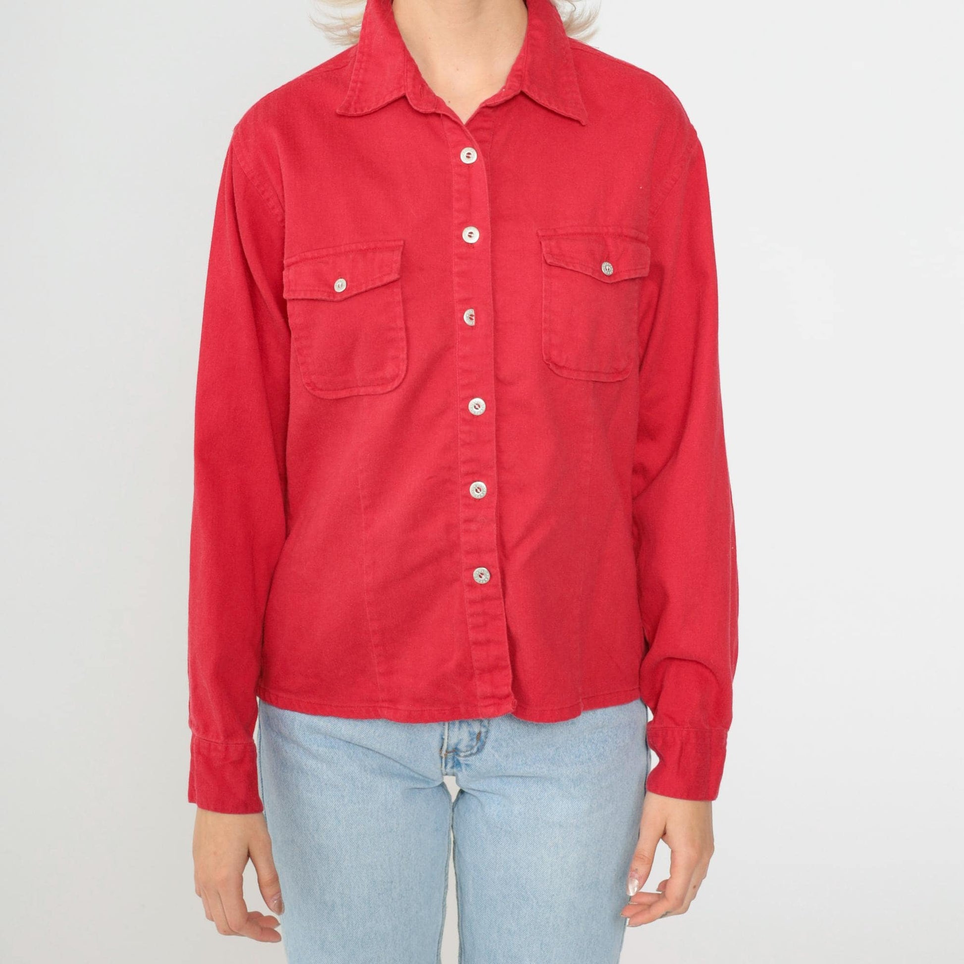 90s Faded Glory Red Button Up Shirt Long Sleeve Chest Pocket Medium