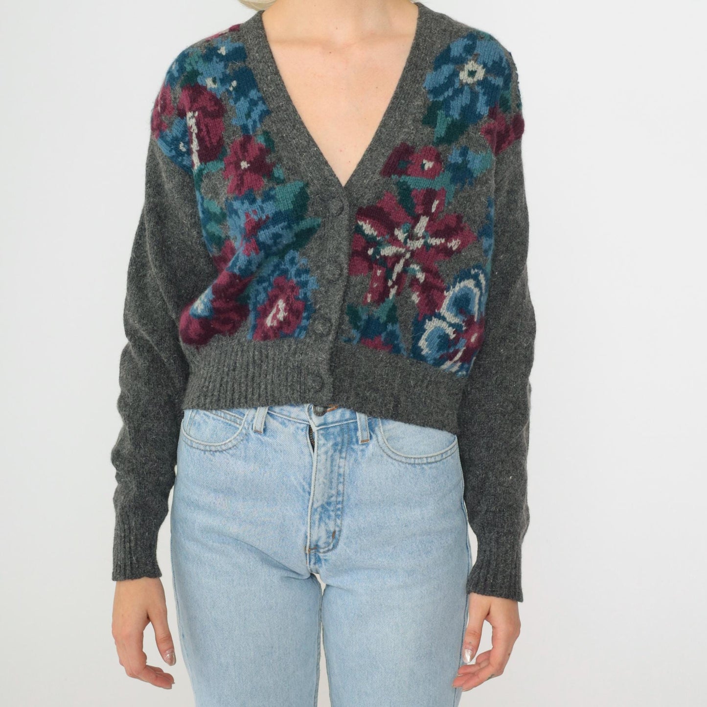 90s J.H Collectibles Wool Cardigan Grey Floral Cropped Angora Knit Small