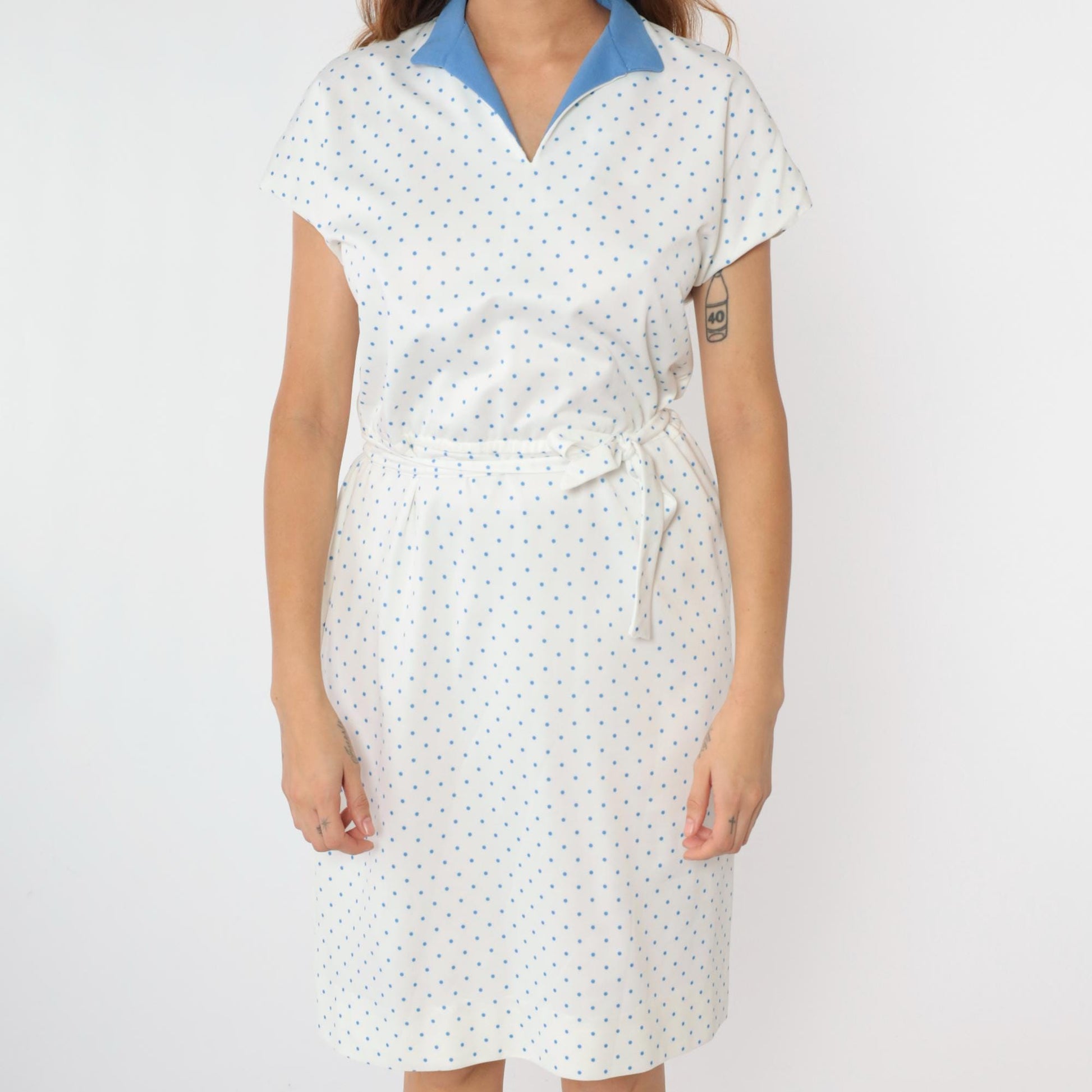 70s White Polka Dot Midi Dress V-Neck High Waist Cap Sleeve Medium Large