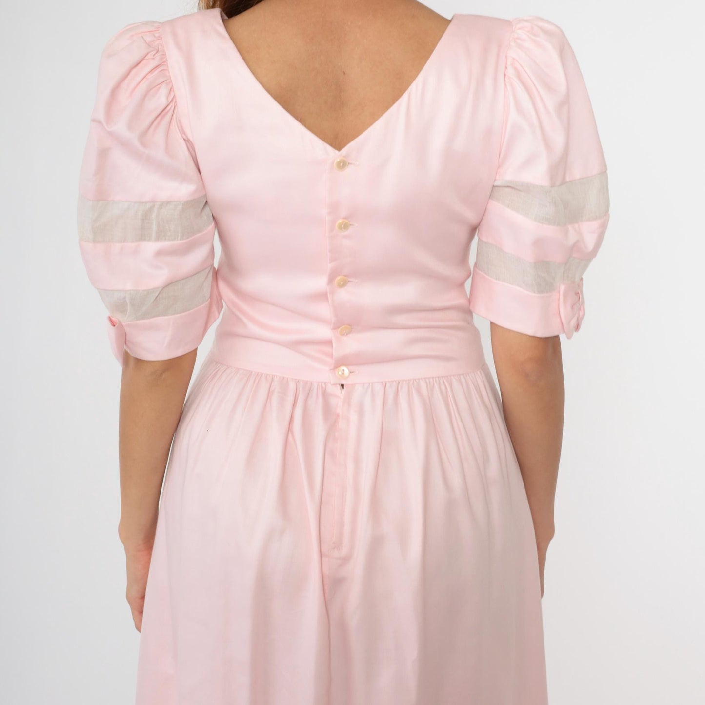 80s Lanz Originals Baby Pink Puff Sleeve Midi Dress Basque Waist Medium 8