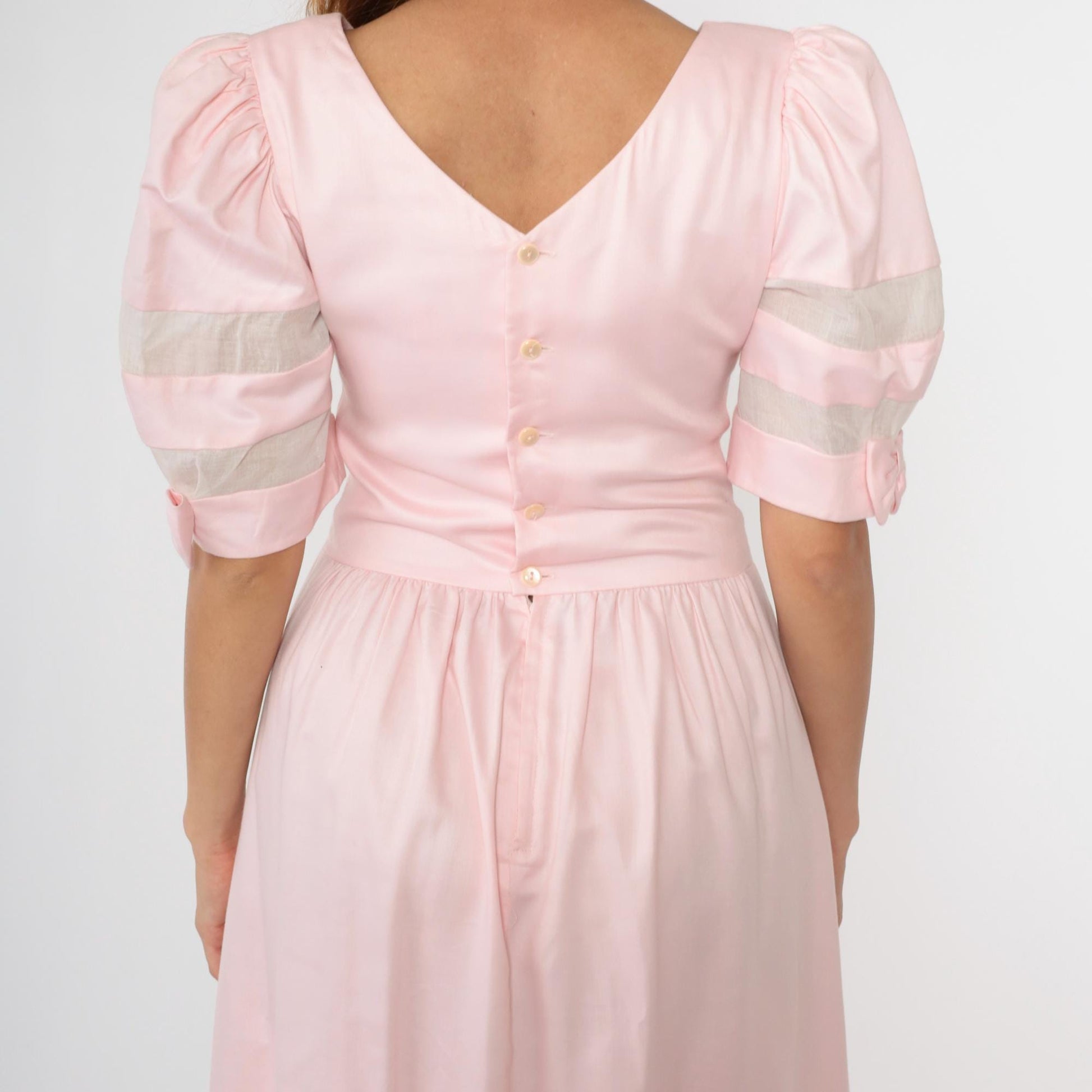 80s Lanz Originals Baby Pink Puff Sleeve Midi Dress Basque Waist Medium 8