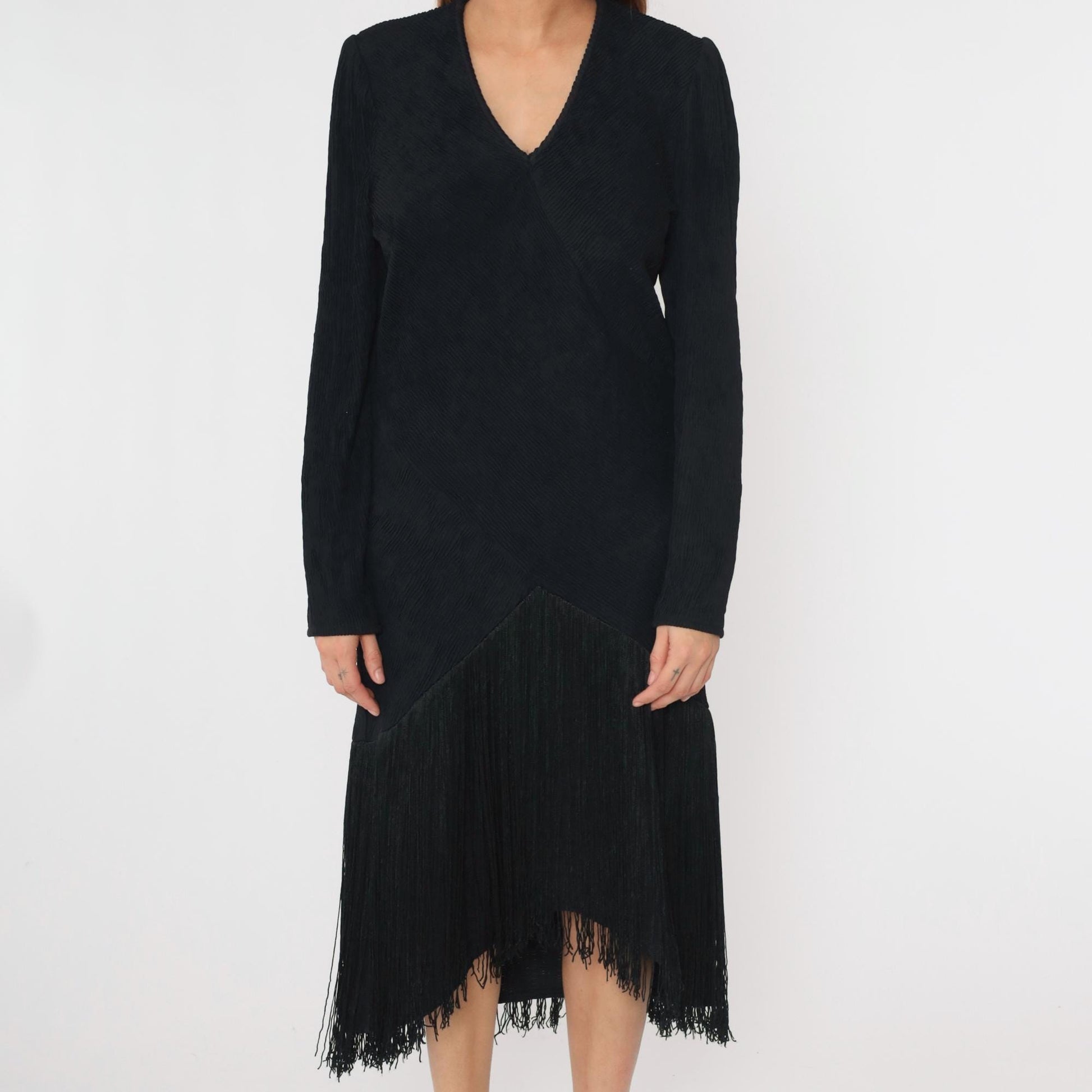 80s Black Fringe Midi Dress V-Neck Long Sleeve Ribbed Sheath Large L