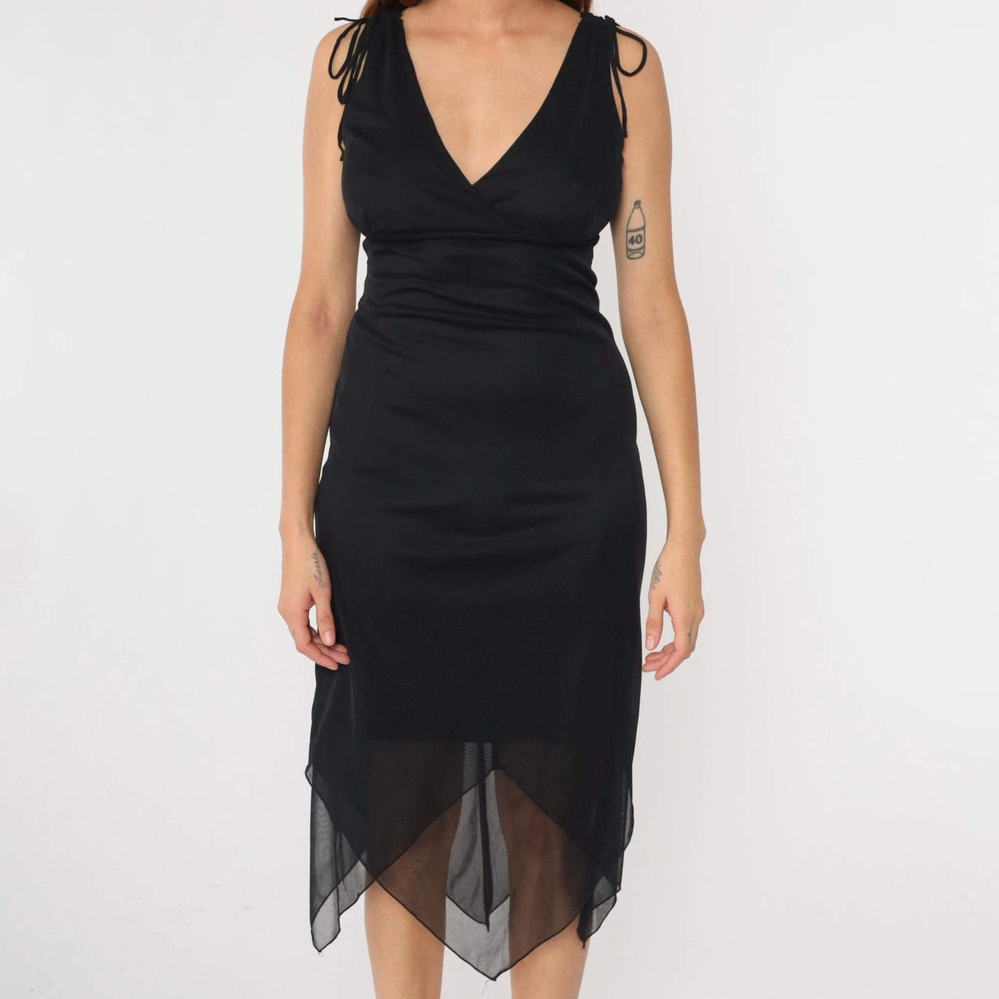 90s Black Chiffon Cocktail Dress V-Neck Hanky Hem Sleeveless Midi Medium