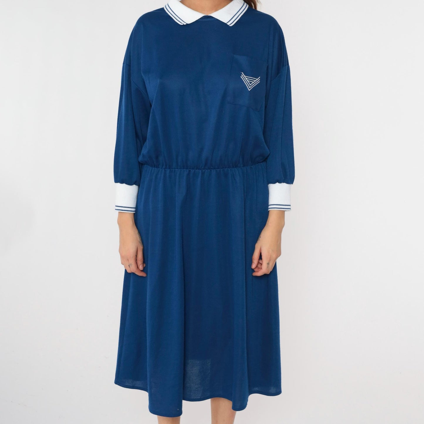 80s Nautical Midi Dress Chevron Crest Collar Long Sleeve Dark Blue Large