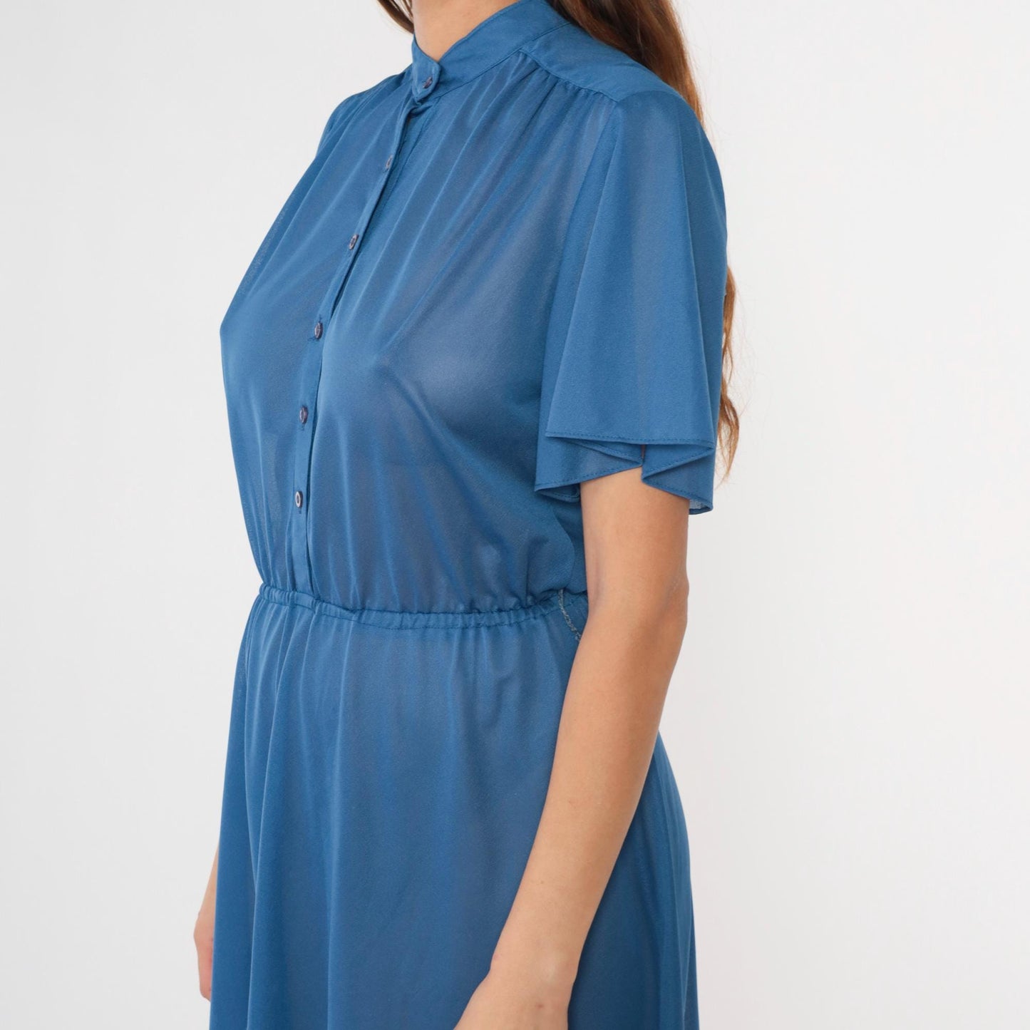 70s Blue Semi-Sheer Midi Shirtdress Flutter Sleeve Button-Up High Waisted Small Medium